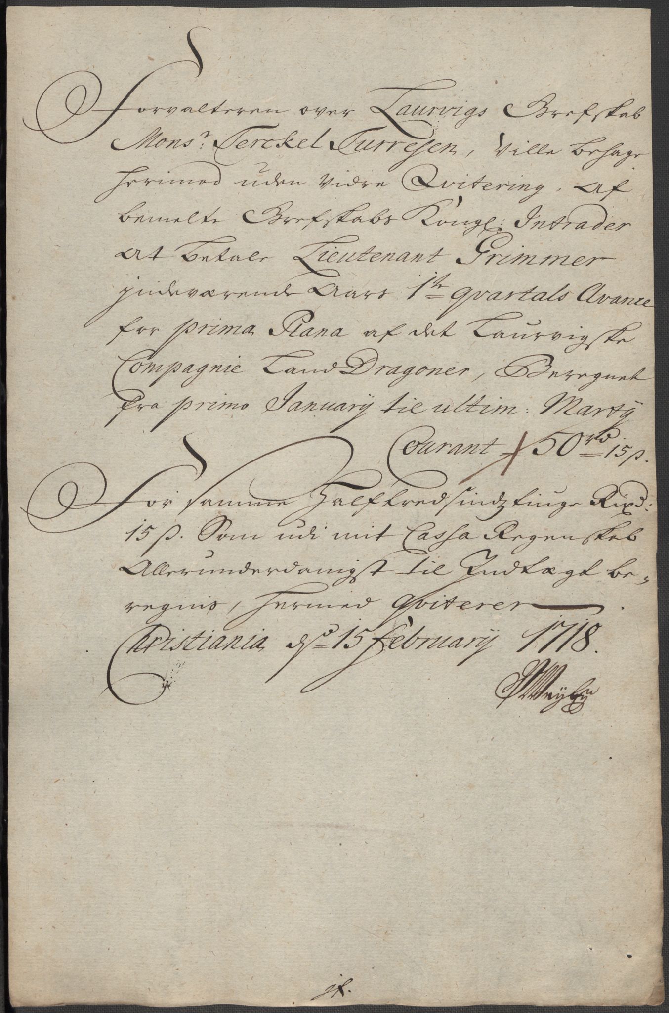 Rentekammeret inntil 1814, Reviderte regnskaper, Fogderegnskap, RA/EA-4092/R33/L1988: Fogderegnskap Larvik grevskap, 1718, p. 257