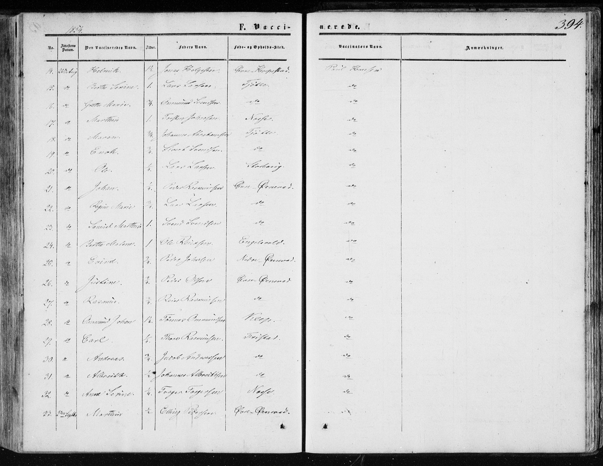 Klepp sokneprestkontor, AV/SAST-A-101803/001/3/30BA/L0005: Parish register (official) no. A 5, 1853-1870, p. 394