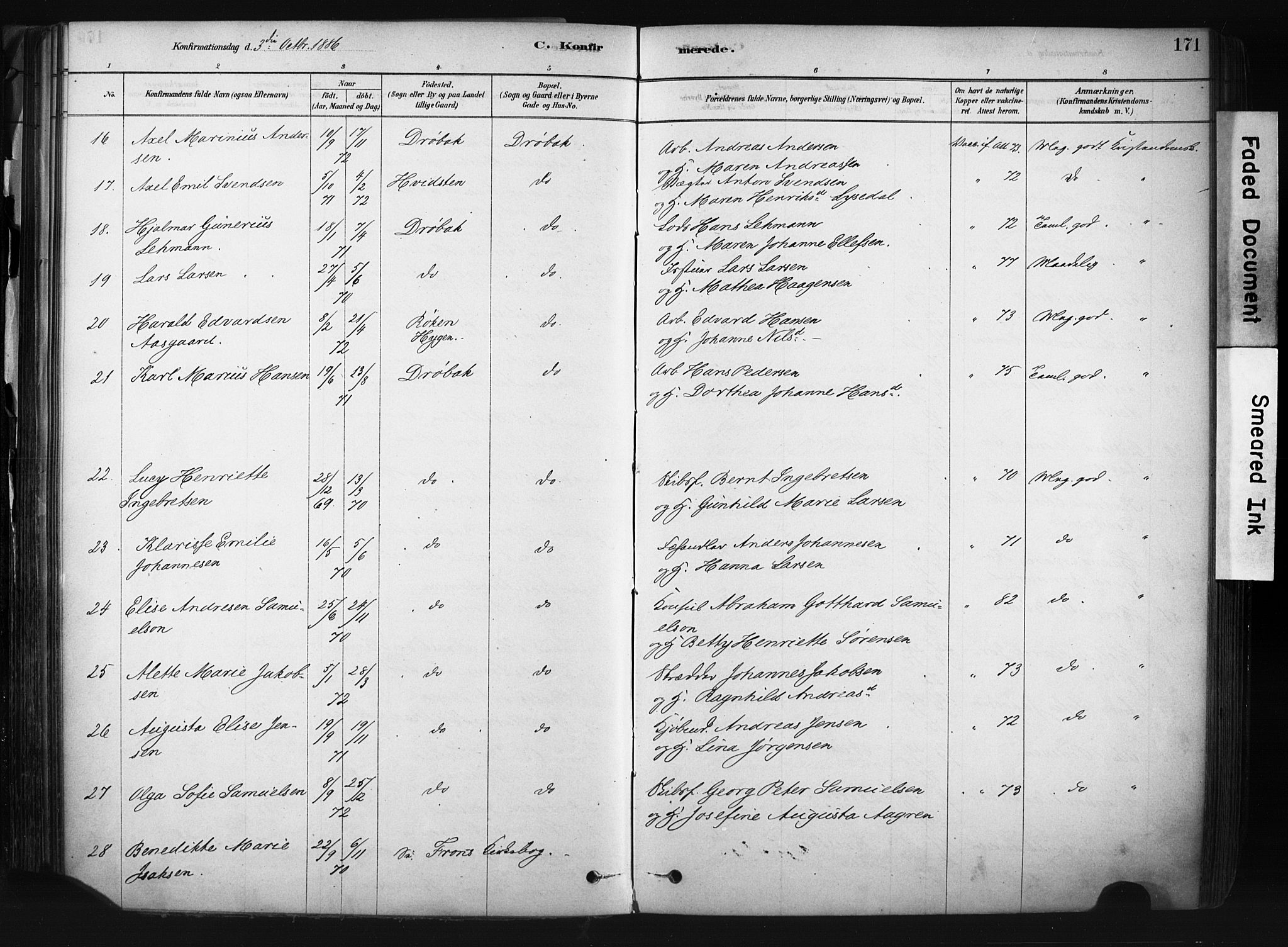 Drøbak prestekontor Kirkebøker, AV/SAO-A-10142a/F/Fb/L0001: Parish register (official) no. II 1, 1878-1891, p. 171