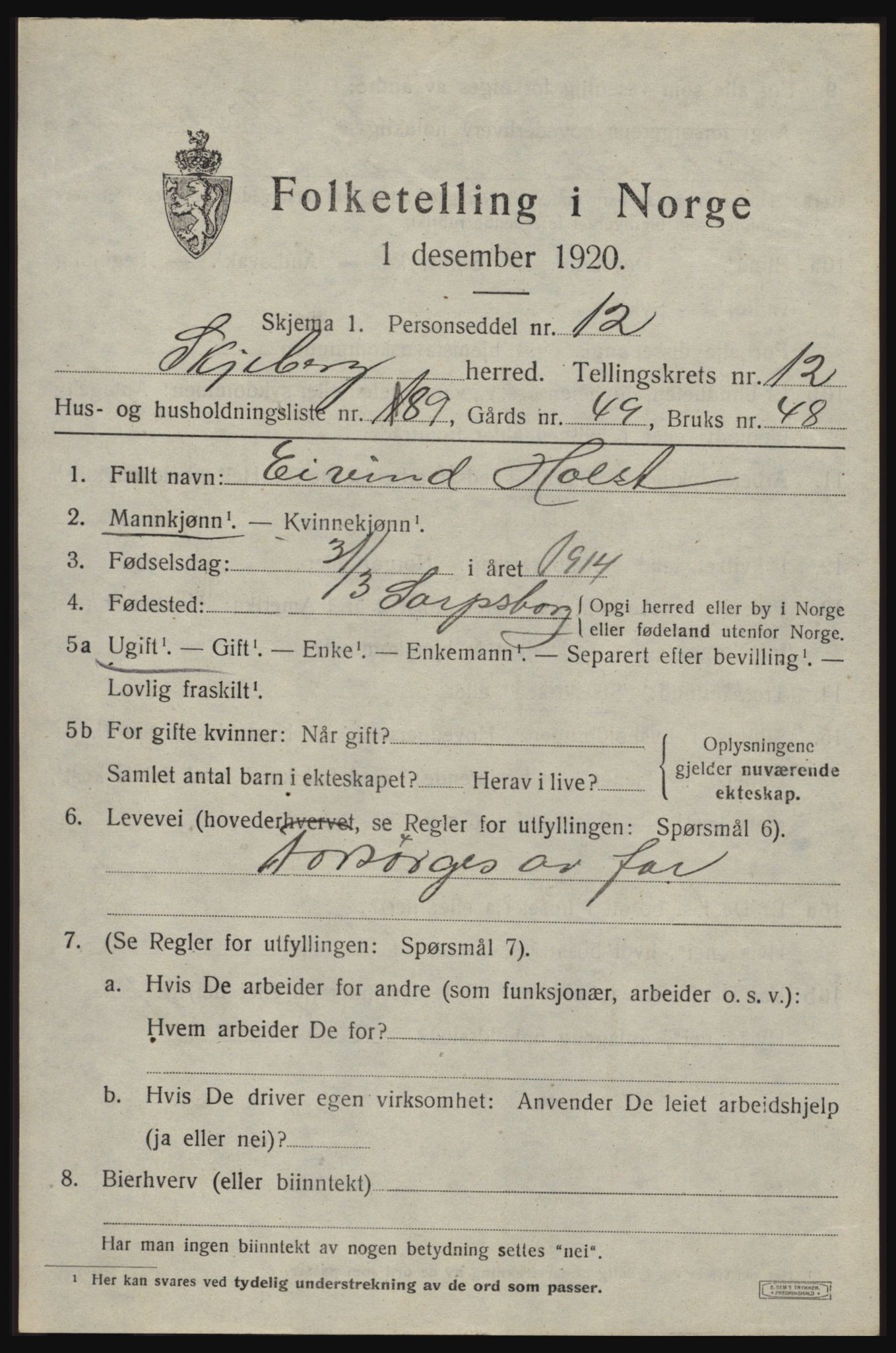 SAO, 1920 census for Skjeberg, 1920, p. 11627