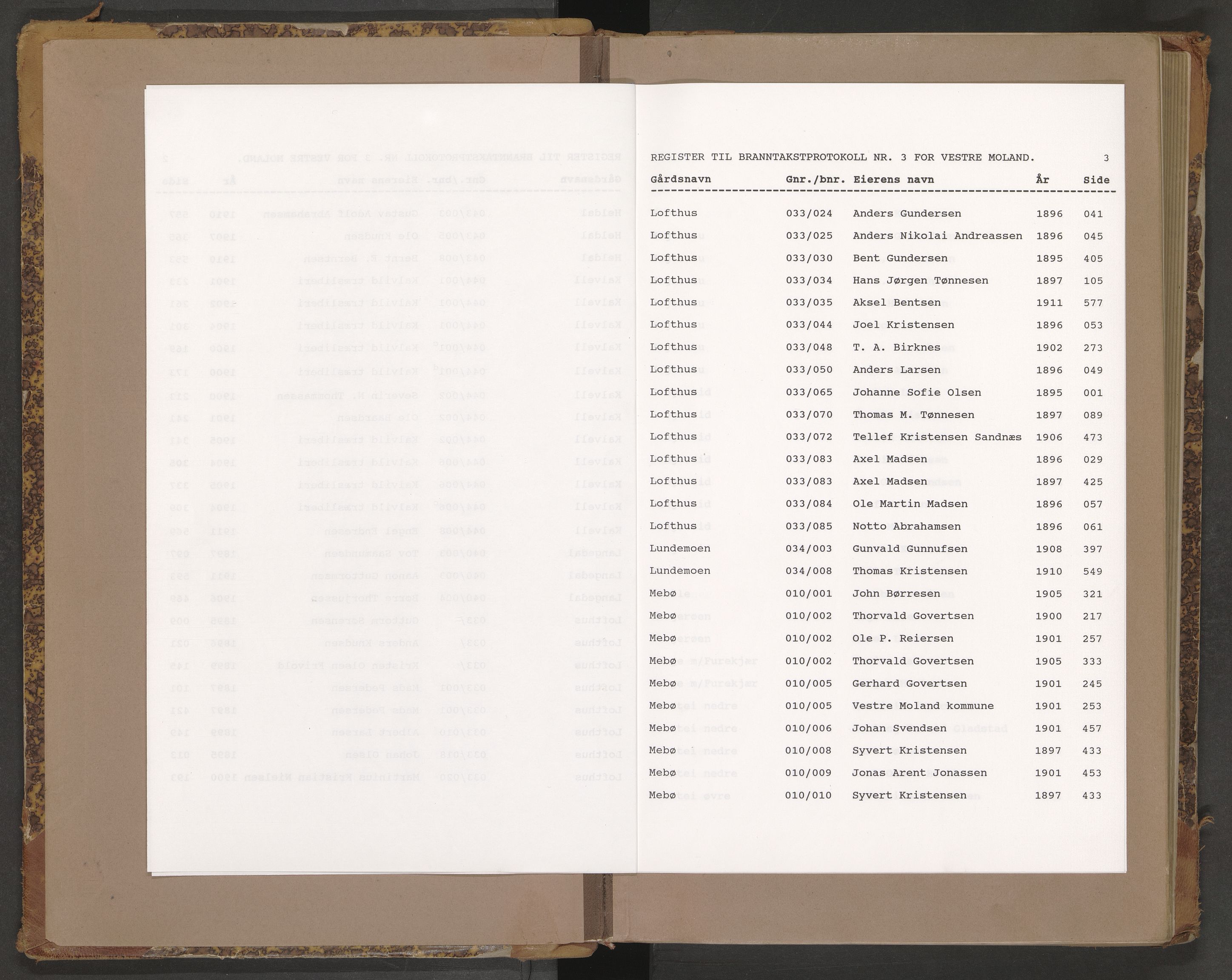 Norges Brannkasse Vestre Moland, AV/SAK-2241-0056/F/Fa/L0003: Branntakstprotokoll nr. 3 med gårdsnavnregister, 1895-1911