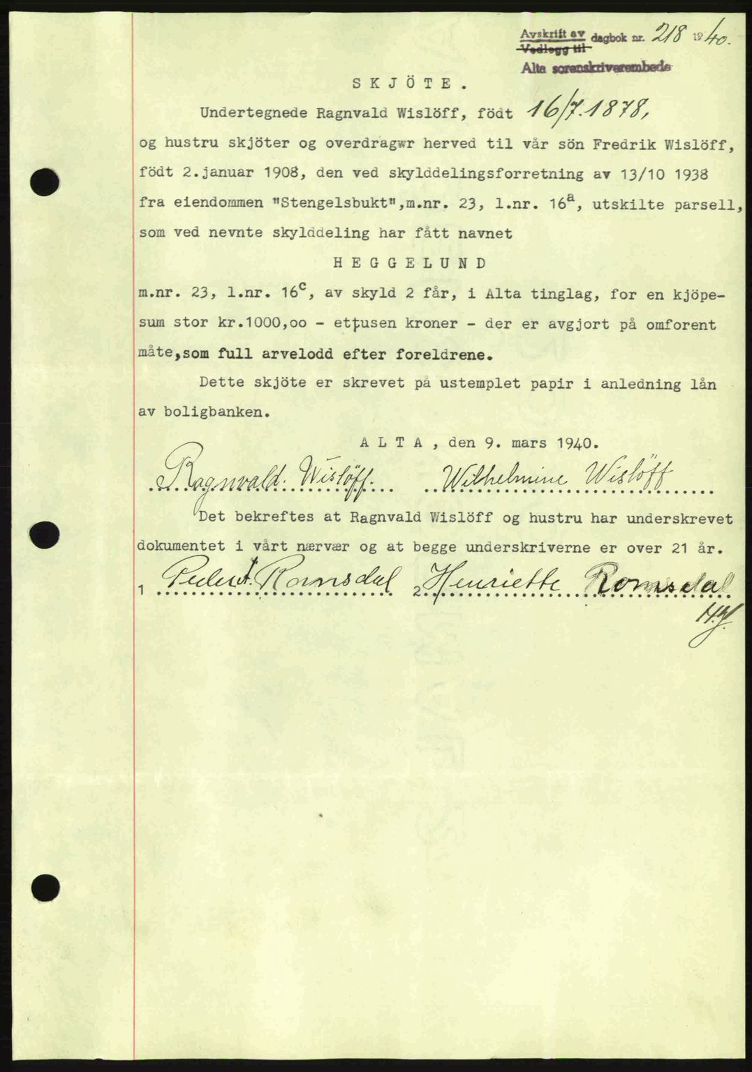 Alta fogderi/sorenskriveri, SATØ/SATØ-5/1/K/Kd/L0033pantebok: Mortgage book no. 33, 1940-1943, Diary no: : 218/1940