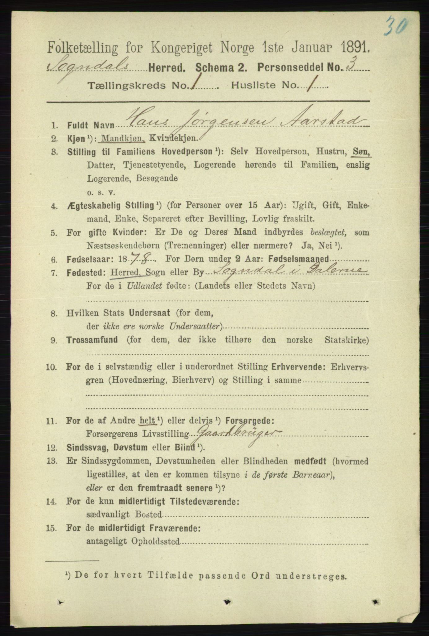 RA, 1891 census for 1111 Sokndal, 1891, p. 89