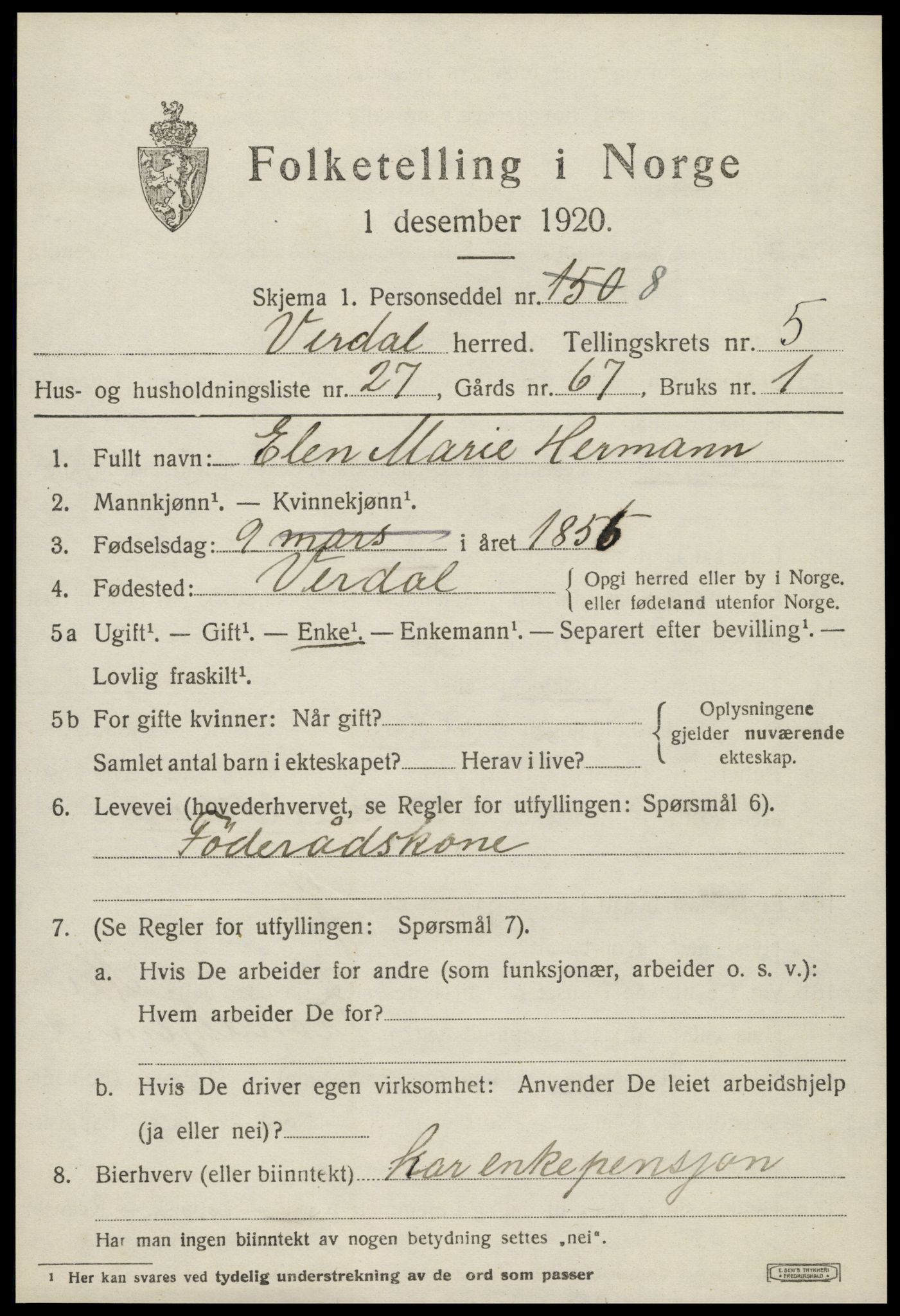 SAT, 1920 census for Verdal, 1920, p. 8867