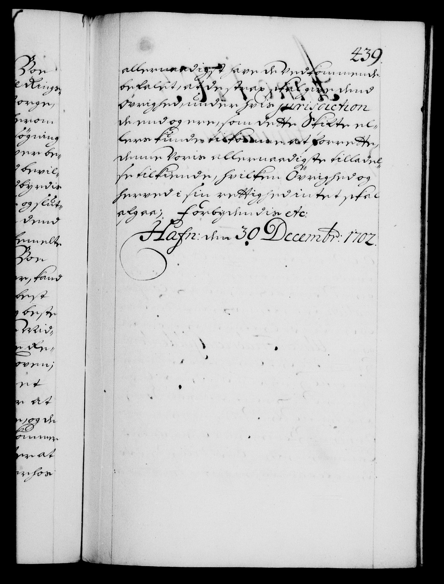 Danske Kanselli 1572-1799, RA/EA-3023/F/Fc/Fca/Fcaa/L0018: Norske registre, 1699-1703, p. 439a