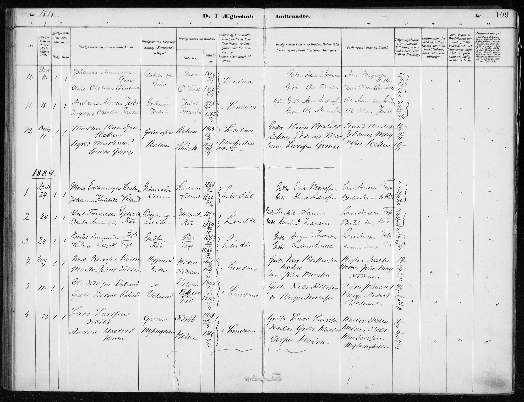 Lindås Sokneprestembete, SAB/A-76701/H/Haa: Parish register (official) no. F  1, 1886-1897, p. 109