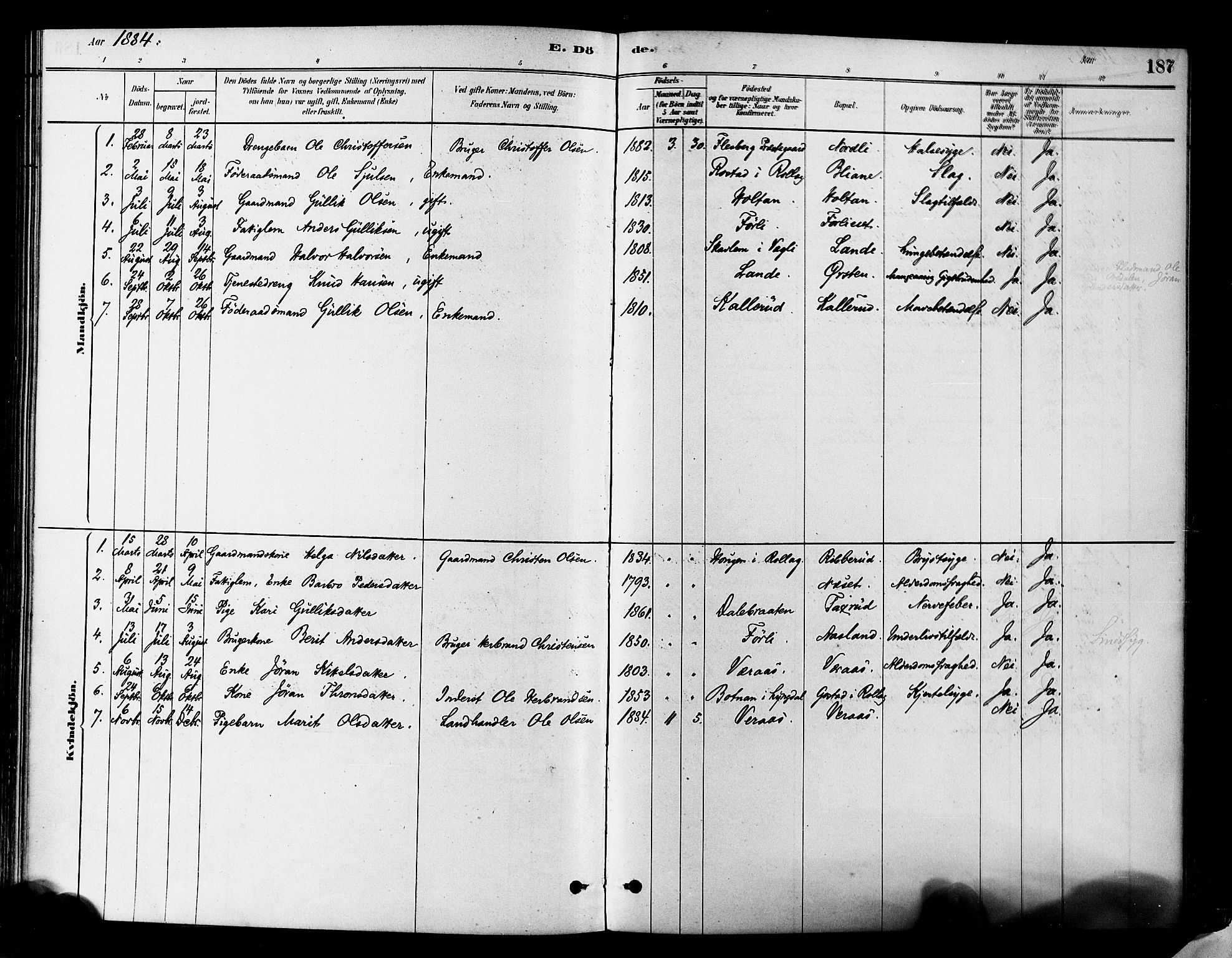 Flesberg kirkebøker, SAKO/A-18/F/Fa/L0008: Parish register (official) no. I 8, 1879-1899, p. 187