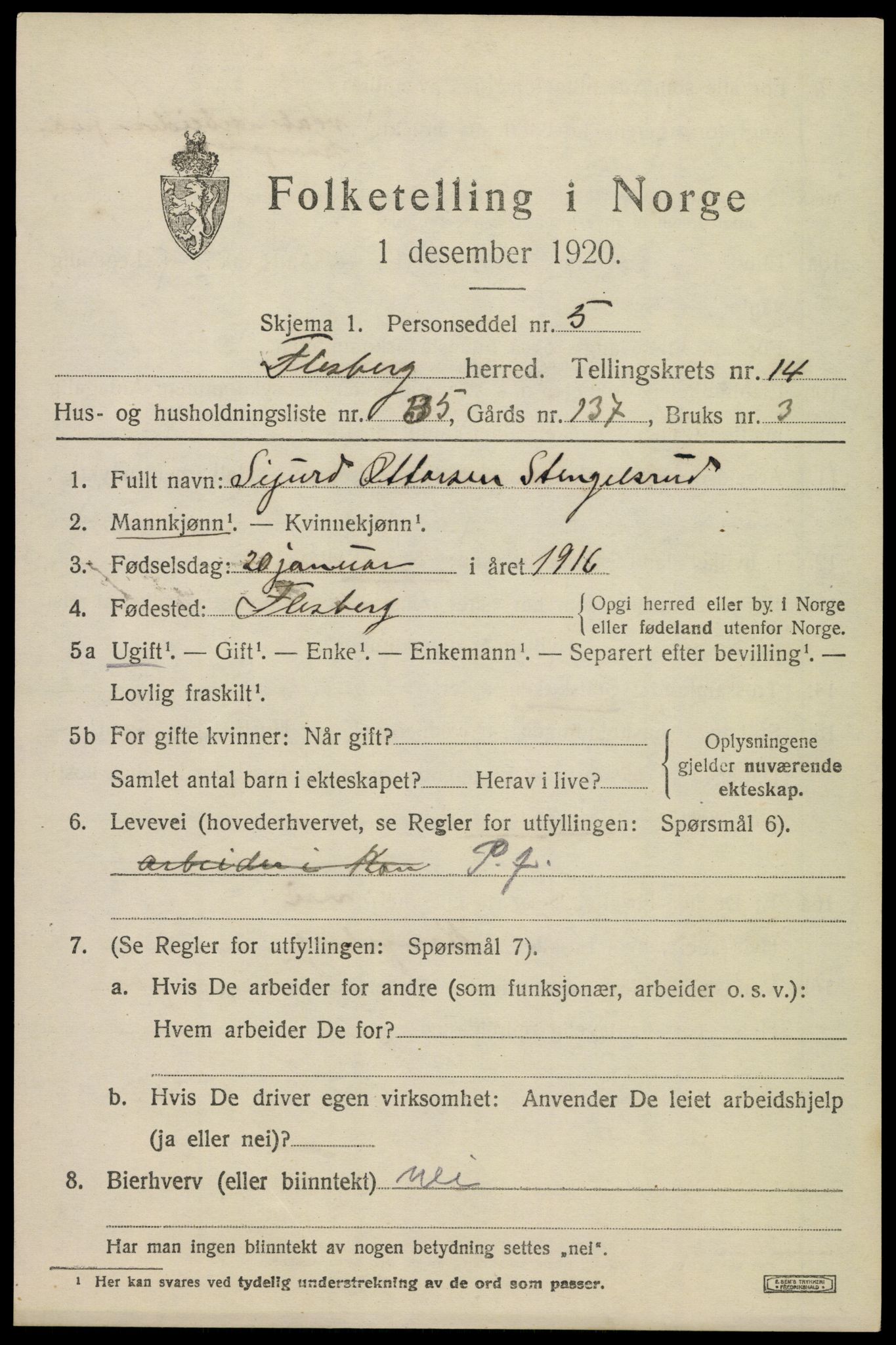 SAKO, 1920 census for Flesberg, 1920, p. 4845