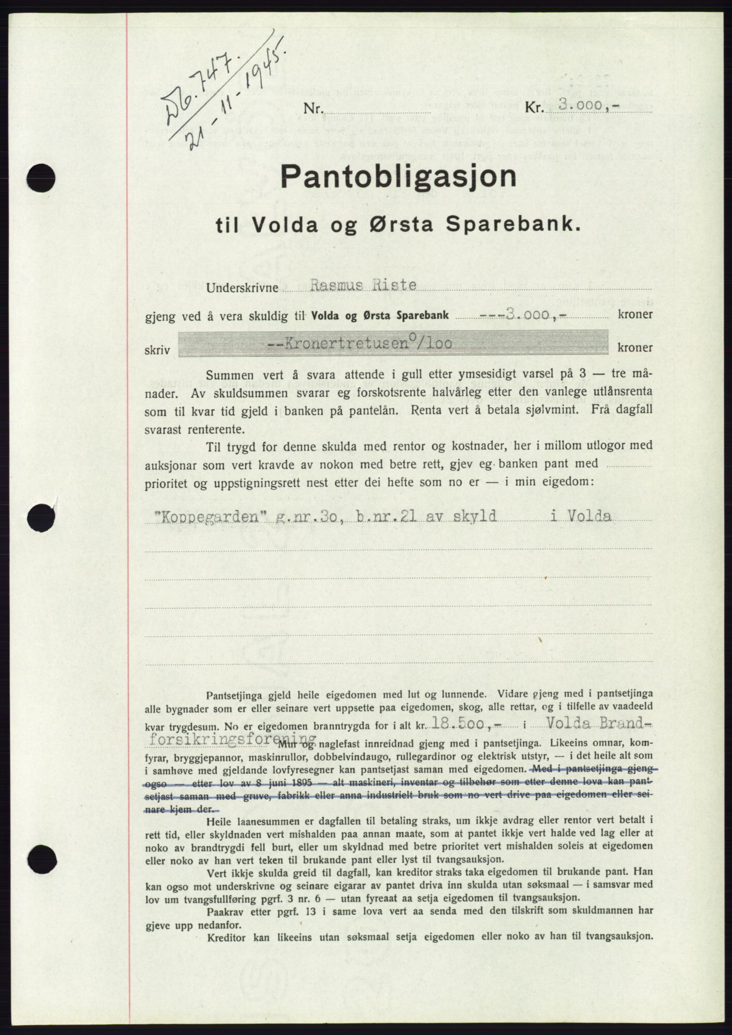 Søre Sunnmøre sorenskriveri, AV/SAT-A-4122/1/2/2C/L0114: Mortgage book no. 1-2B, 1943-1947, Diary no: : 747/1945