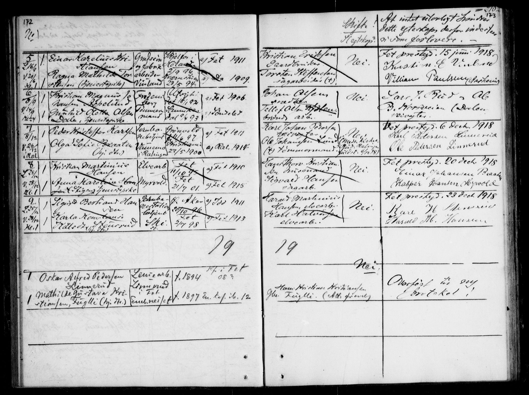 Fet prestekontor Kirkebøker, SAO/A-10370a/H/Ha/L0001: Banns register no. 1, 1906-1919, p. 172-173
