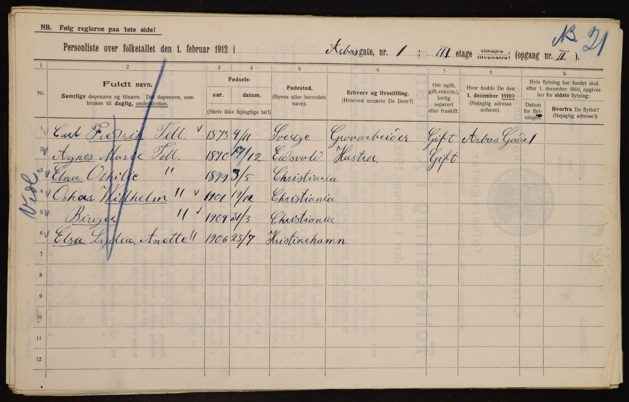 OBA, Municipal Census 1912 for Kristiania, 1912, p. 1694