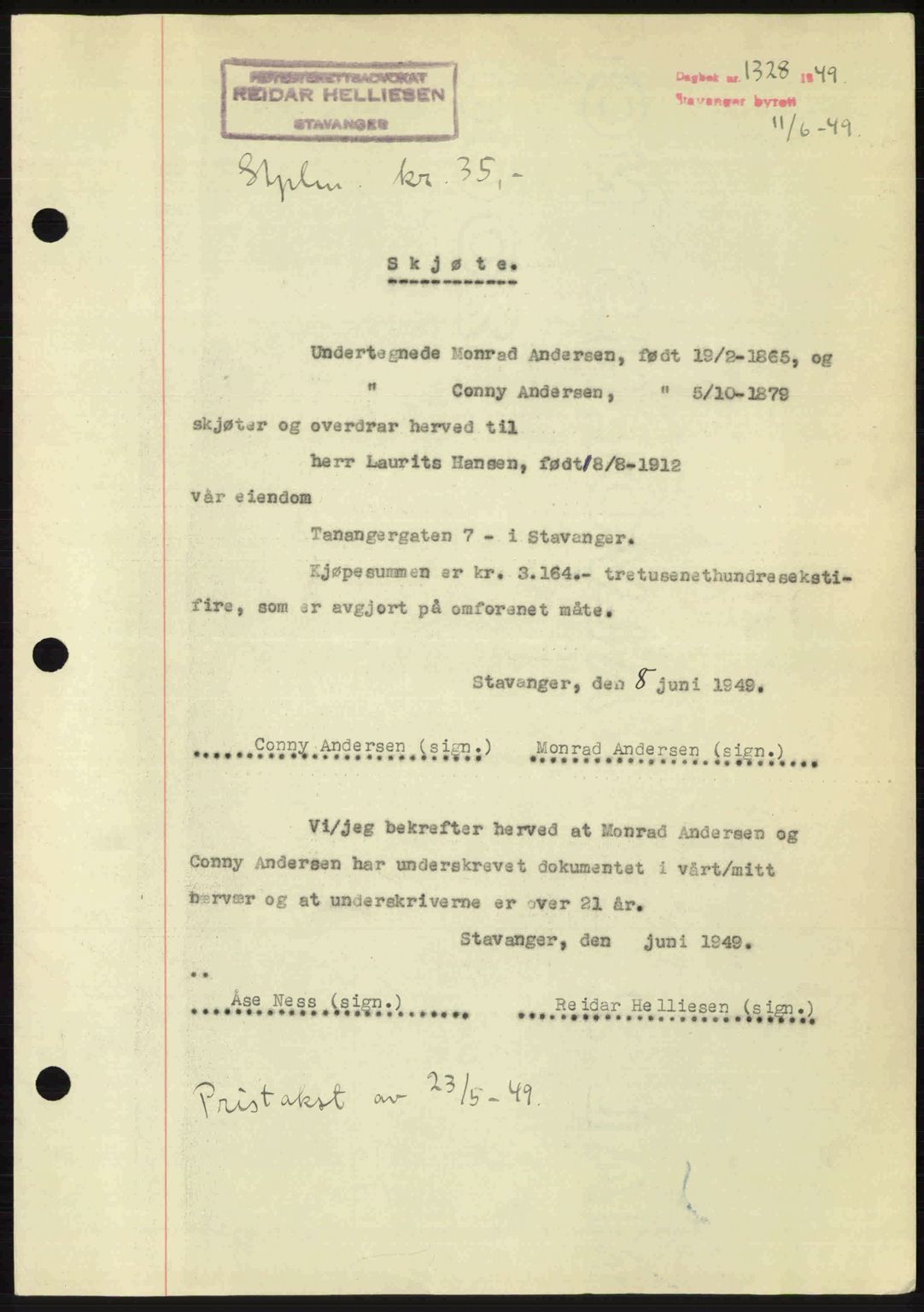 Stavanger byrett, SAST/A-100455/002/G/Gb/L0023: Mortgage book no. A12, 1948-1949, Diary no: : 1328/1949