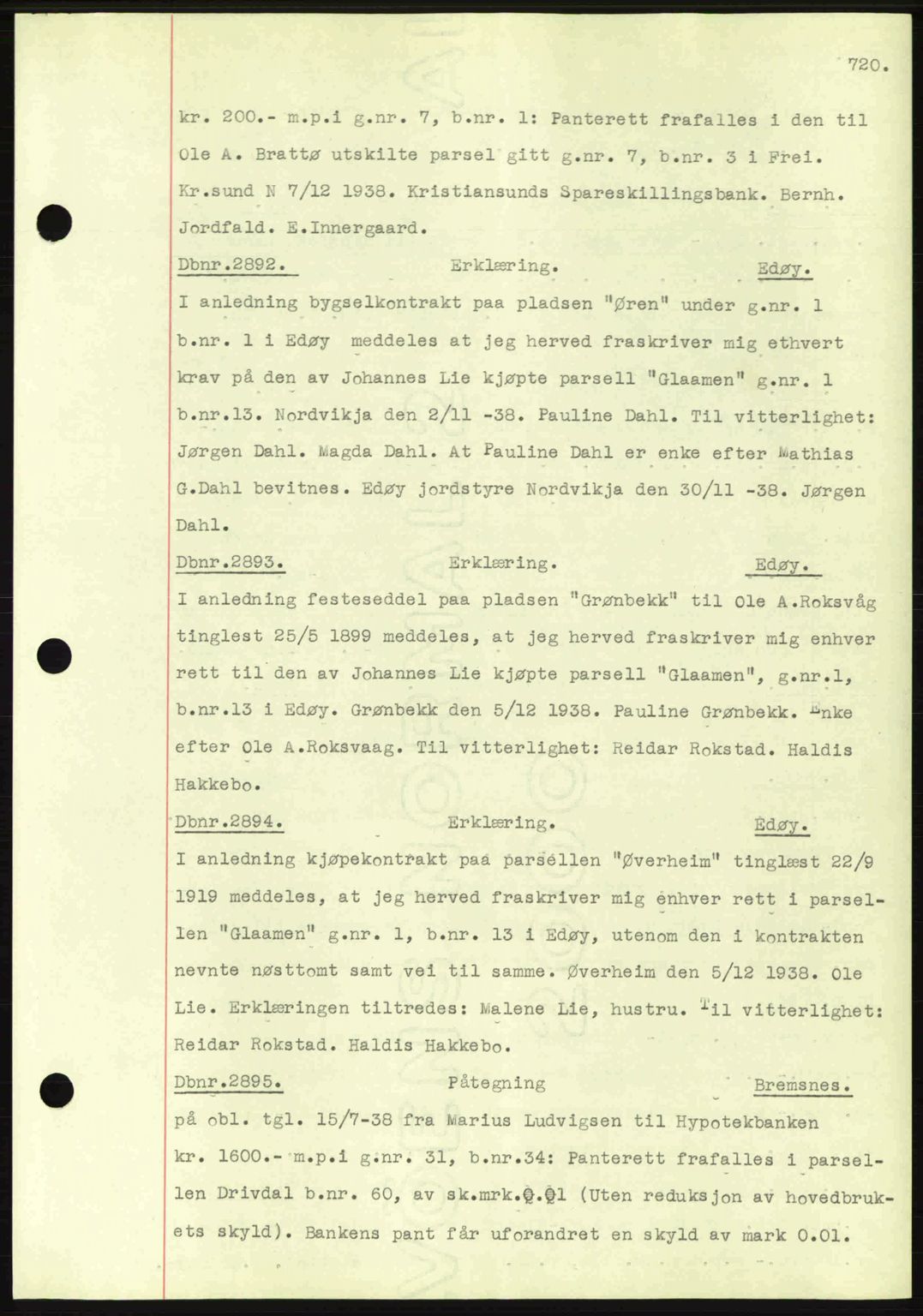 Nordmøre sorenskriveri, AV/SAT-A-4132/1/2/2Ca: Mortgage book no. C80, 1936-1939, Diary no: : 2892/1938