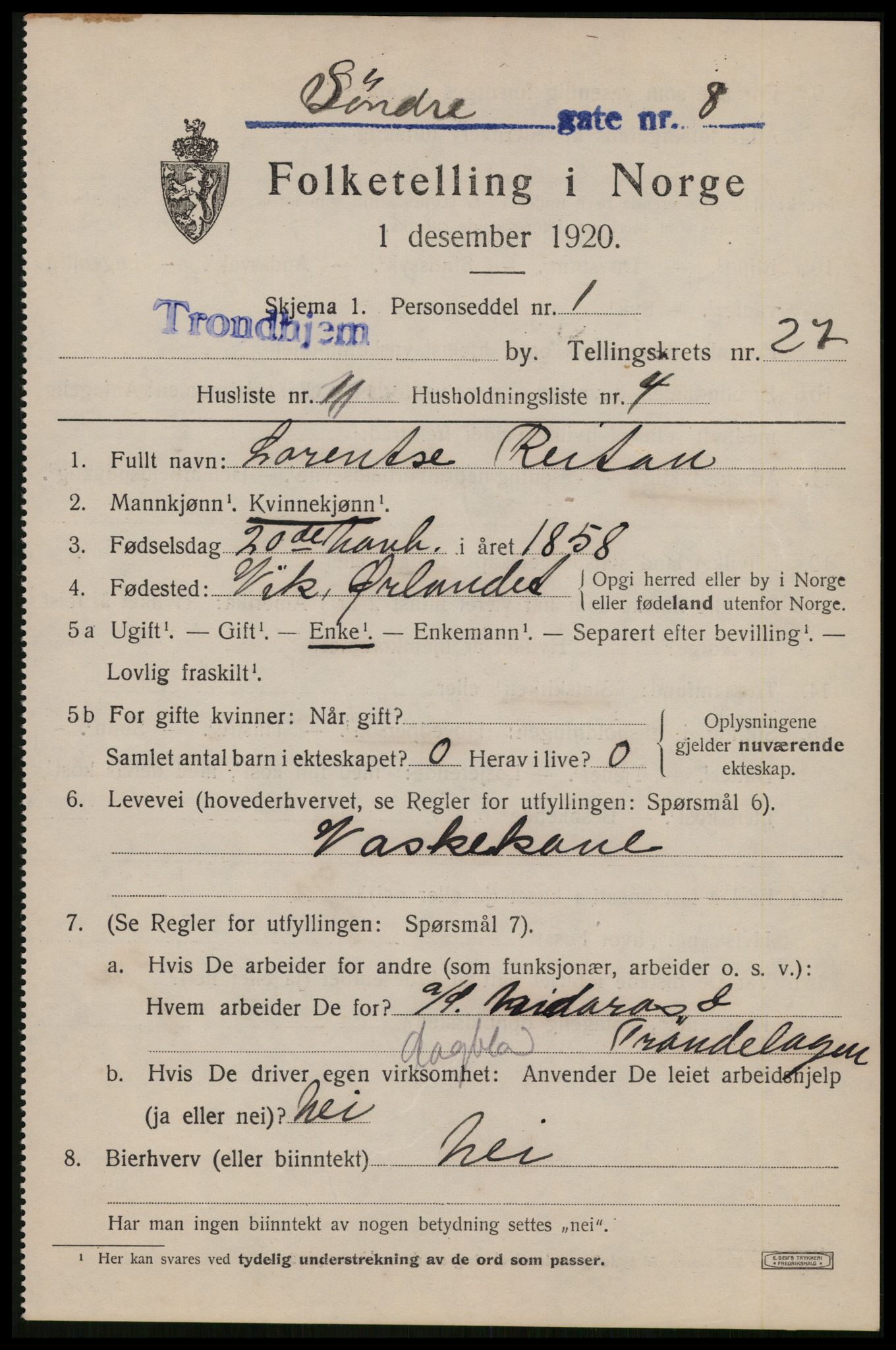 SAT, 1920 census for Trondheim, 1920, p. 70054