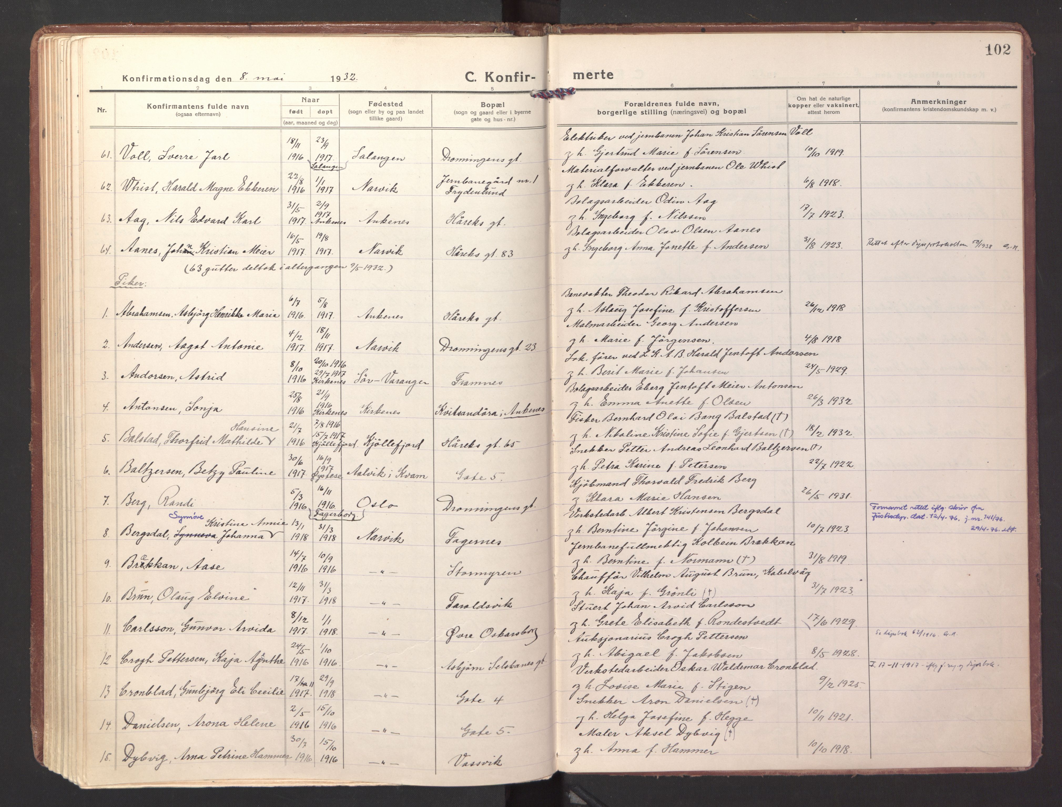 Ministerialprotokoller, klokkerbøker og fødselsregistre - Nordland, AV/SAT-A-1459/871/L1004: Parish register (official) no. 871A20, 1921-1932, p. 102