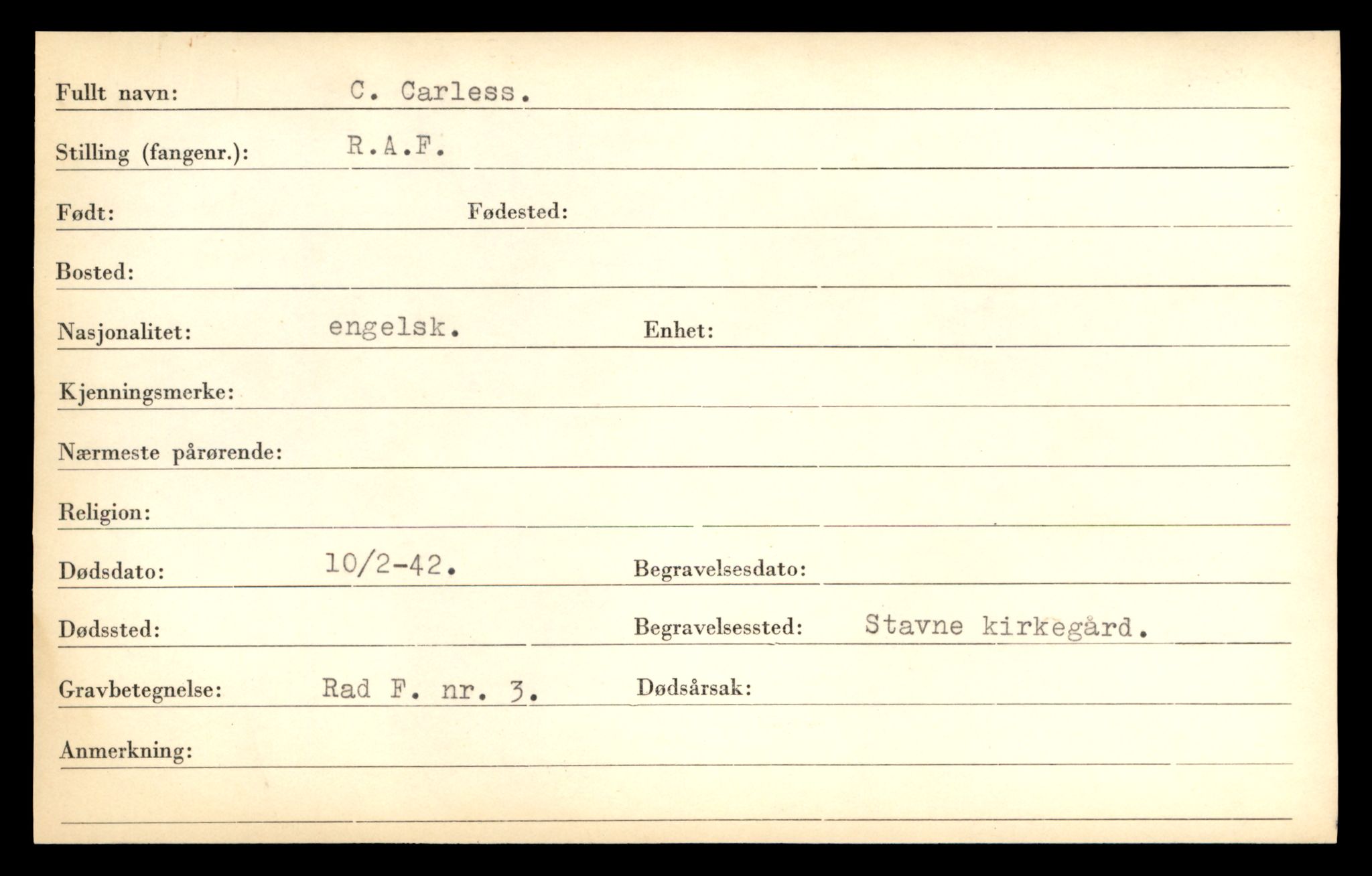 Distriktskontoret for krigsgraver, AV/SAT-A-5030/E/L0005: Kasett/kartotek over falne Britiske og tyske solater, samt andre nasjoners krigsgraver, 1945, p. 1959