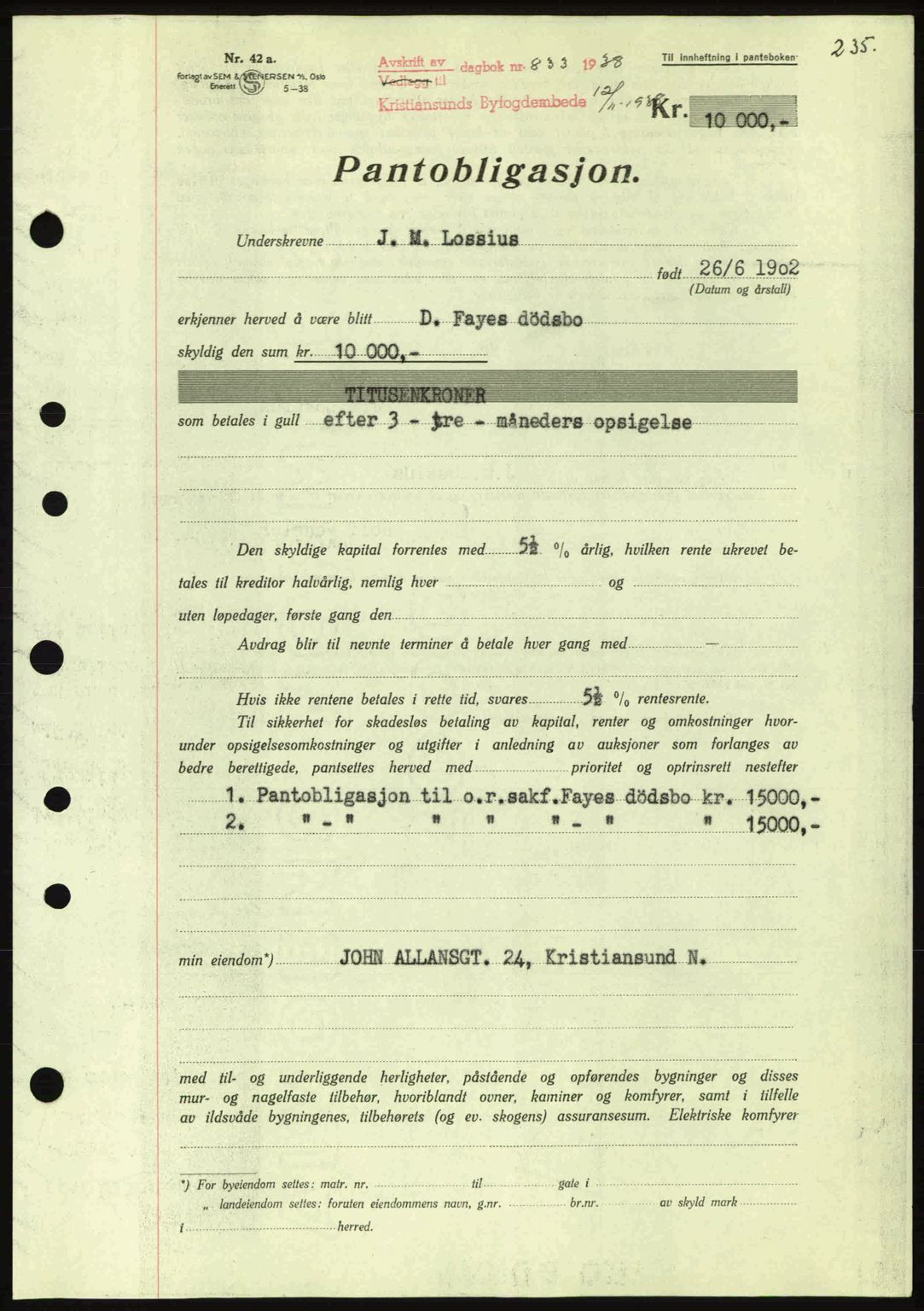 Kristiansund byfogd, AV/SAT-A-4587/A/27: Mortgage book no. 31, 1938-1939, Diary no: : 833/1938