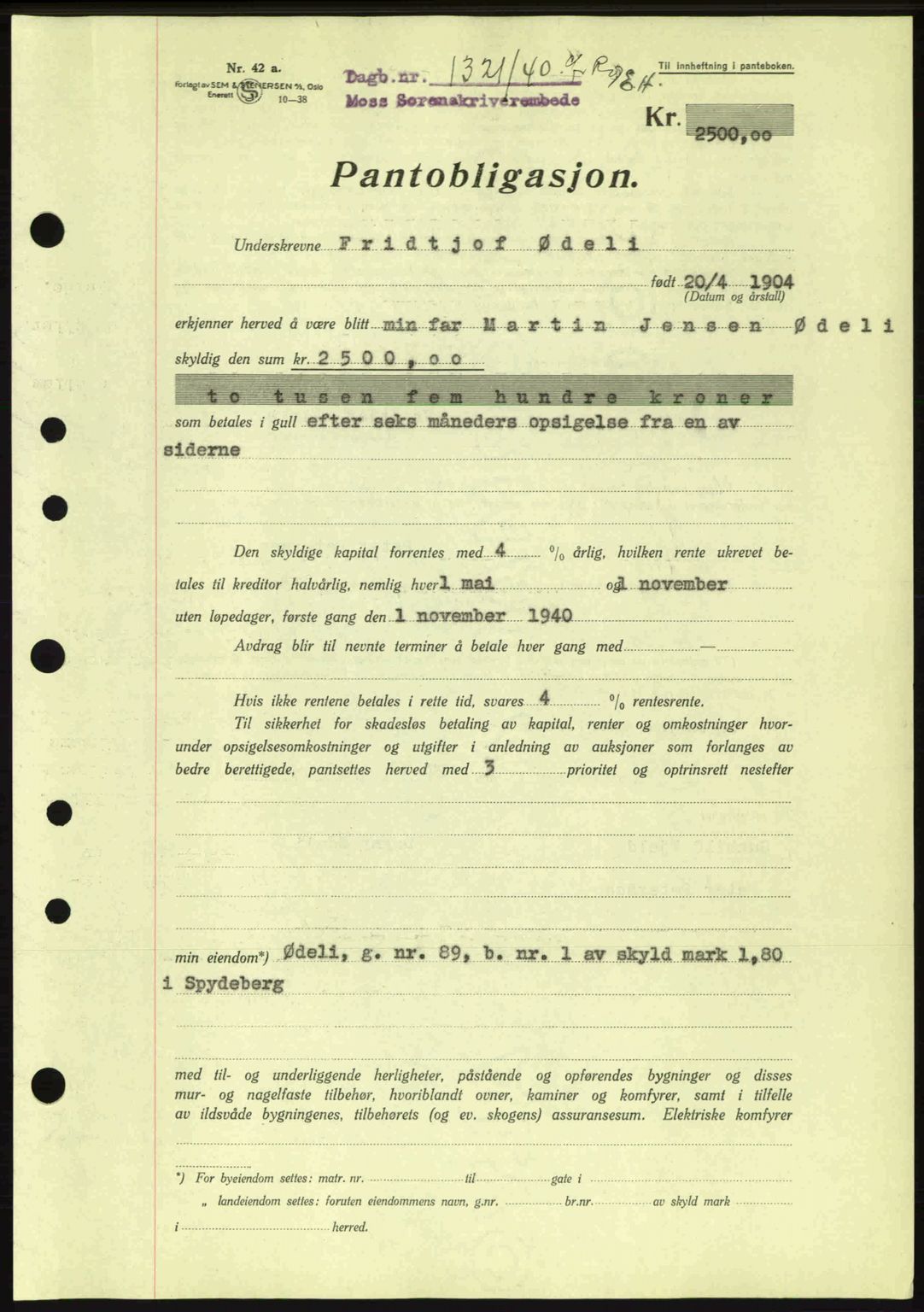 Moss sorenskriveri, SAO/A-10168: Mortgage book no. B10, 1940-1941, Diary no: : 1321/1940