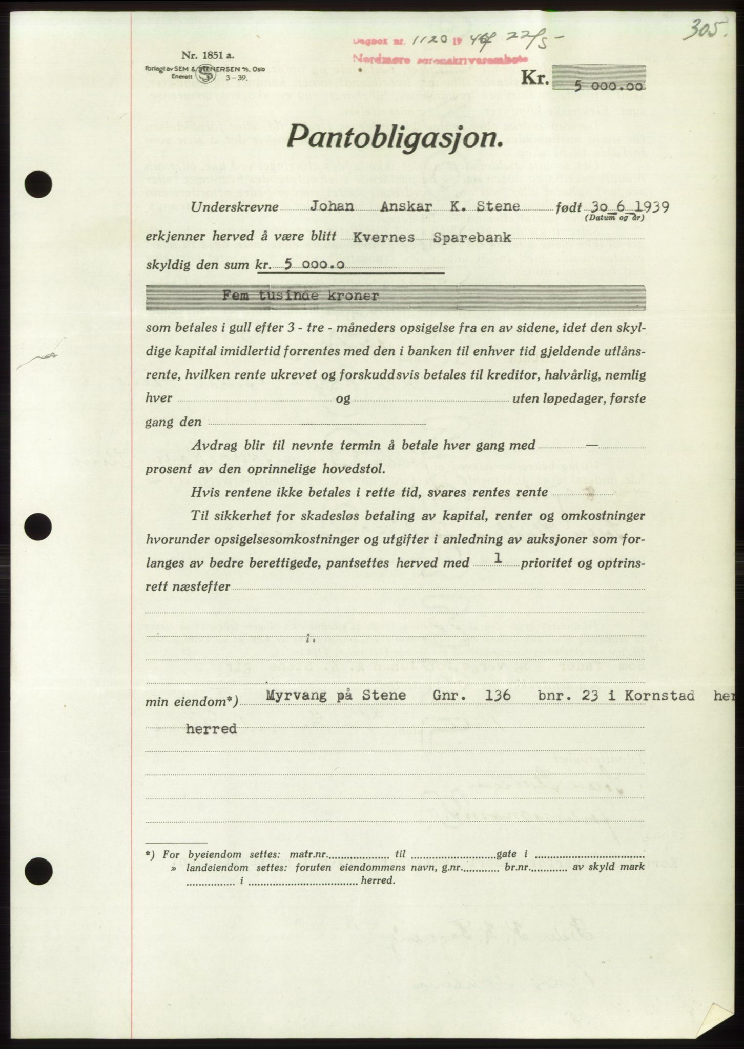 Nordmøre sorenskriveri, AV/SAT-A-4132/1/2/2Ca: Mortgage book no. B96, 1947-1947, Diary no: : 1120/1947