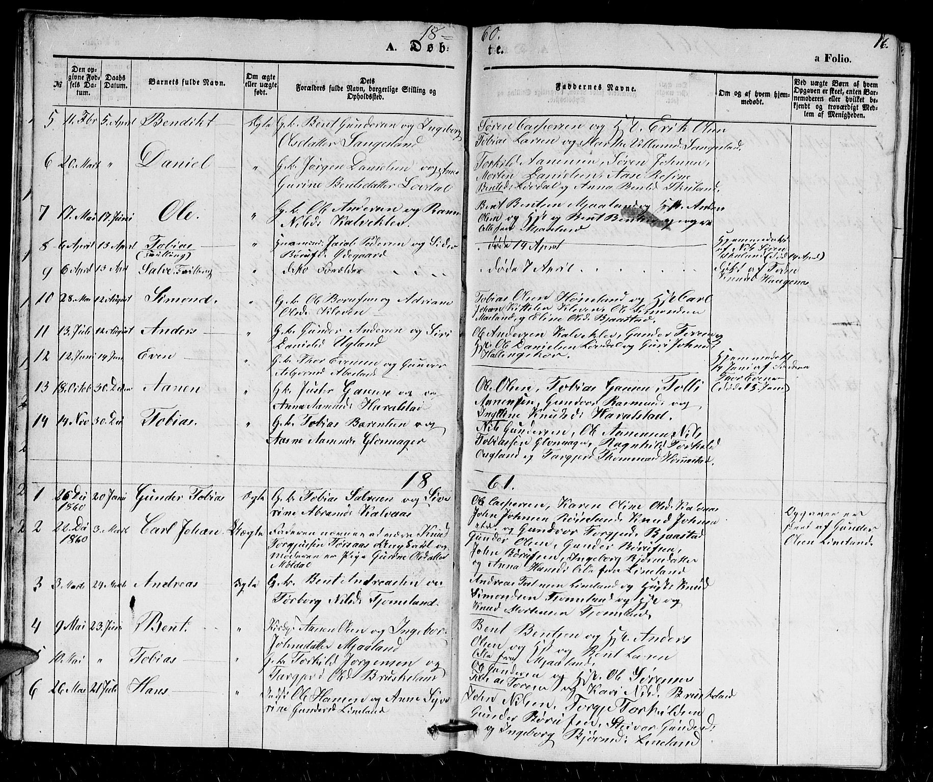Holum sokneprestkontor, SAK/1111-0022/F/Fb/Fbb/L0002: Parish register (copy) no. B 2, 1847-1874, p. 16