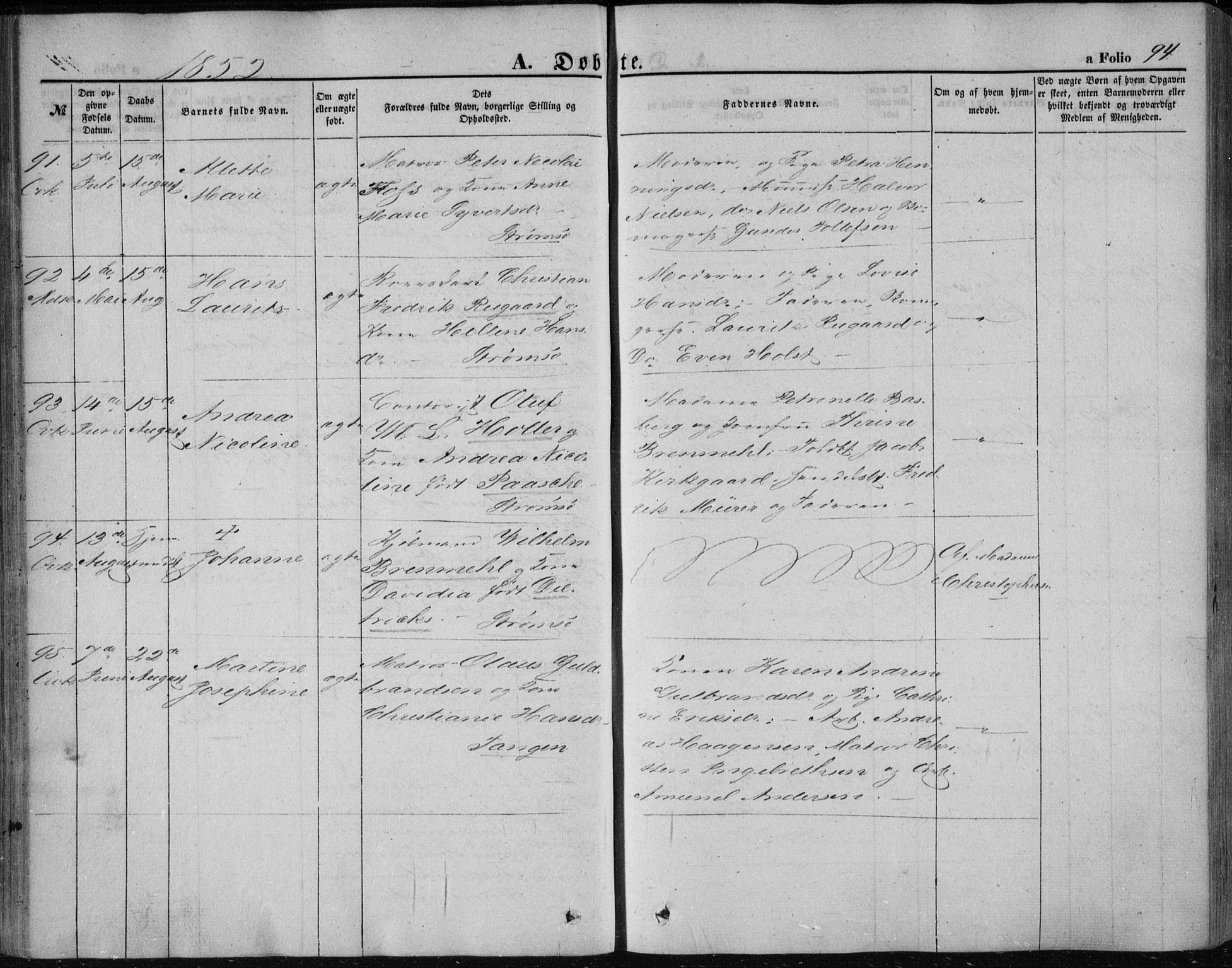 Strømsø kirkebøker, SAKO/A-246/F/Fa/L0014: Parish register (official) no. I 14, 1848-1858, p. 94