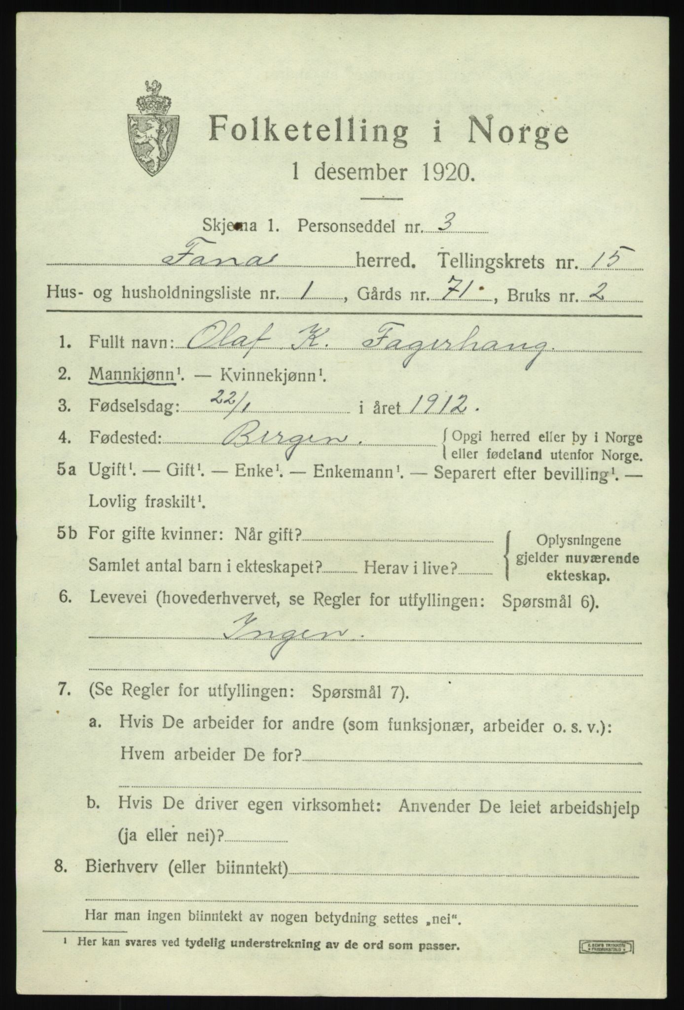 SAB, 1920 census for Fana, 1920, p. 20995