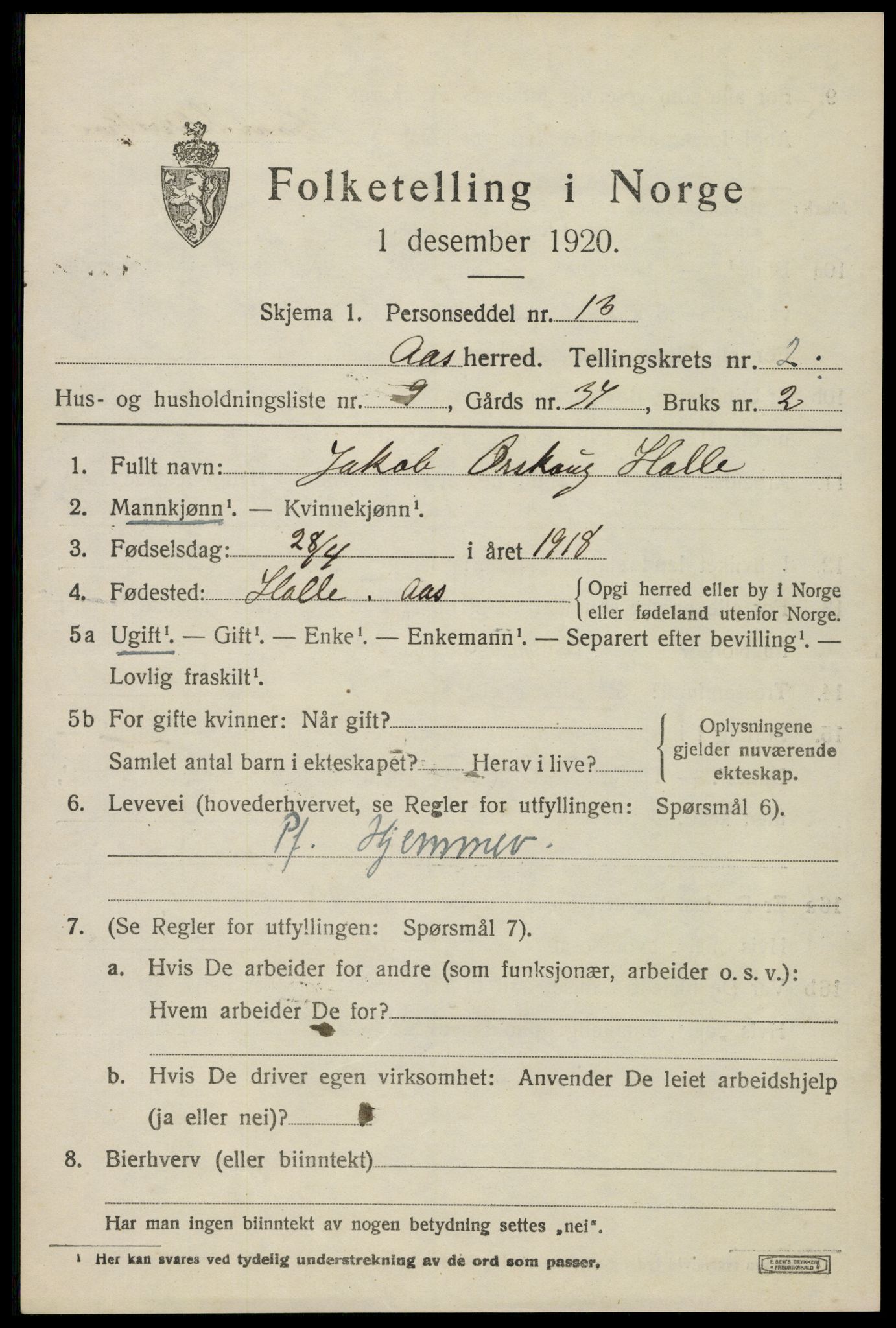 SAO, 1920 census for Ås, 1920, p. 2270