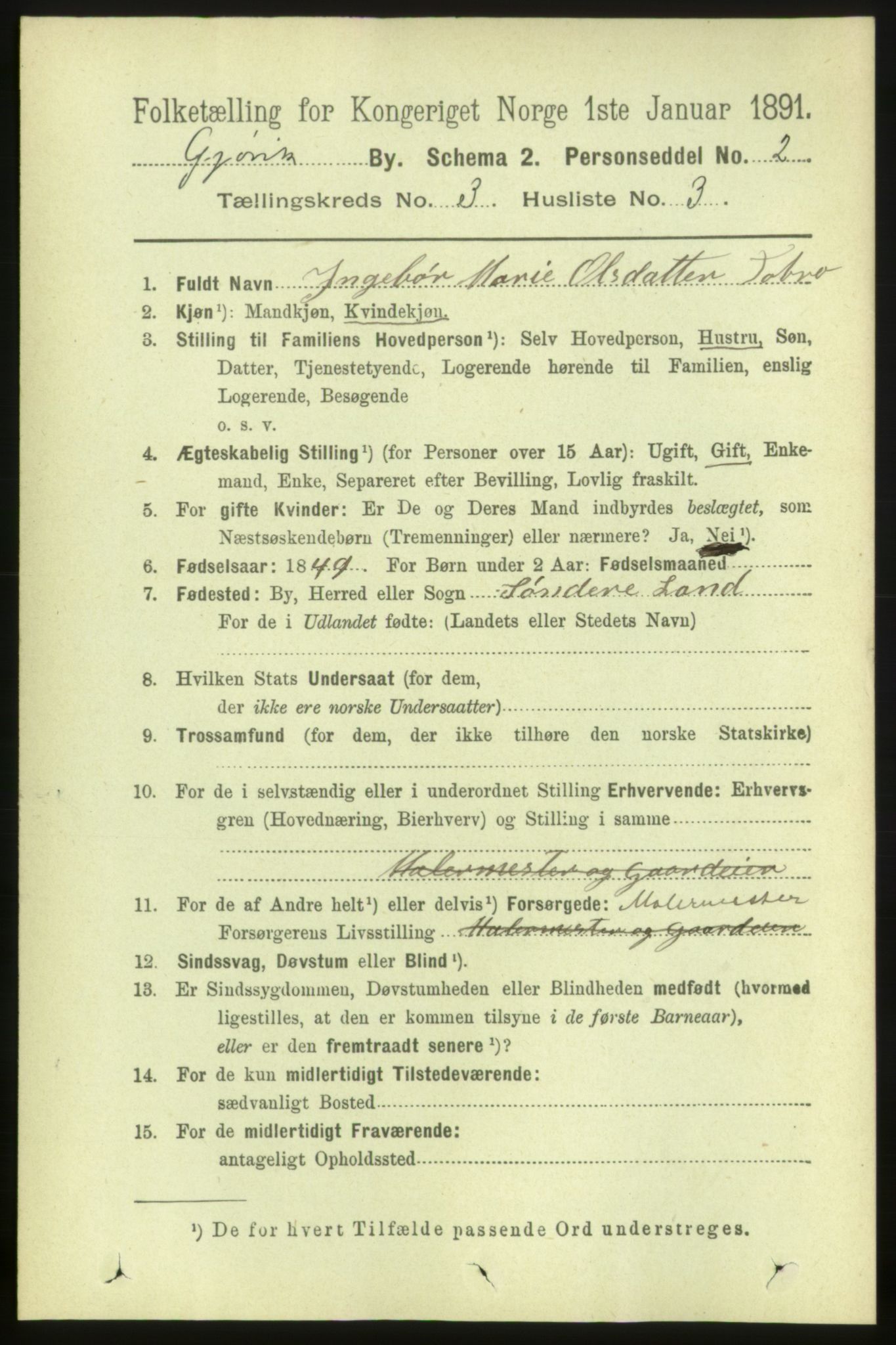 RA, 1891 census for 0502 Gjøvik, 1891, p. 1013