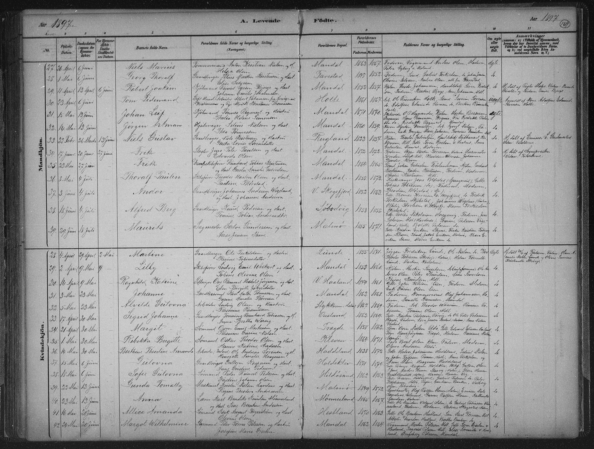 Mandal sokneprestkontor, AV/SAK-1111-0030/F/Fb/Fba/L0011: Parish register (copy) no. B 5, 1880-1898, p. 169