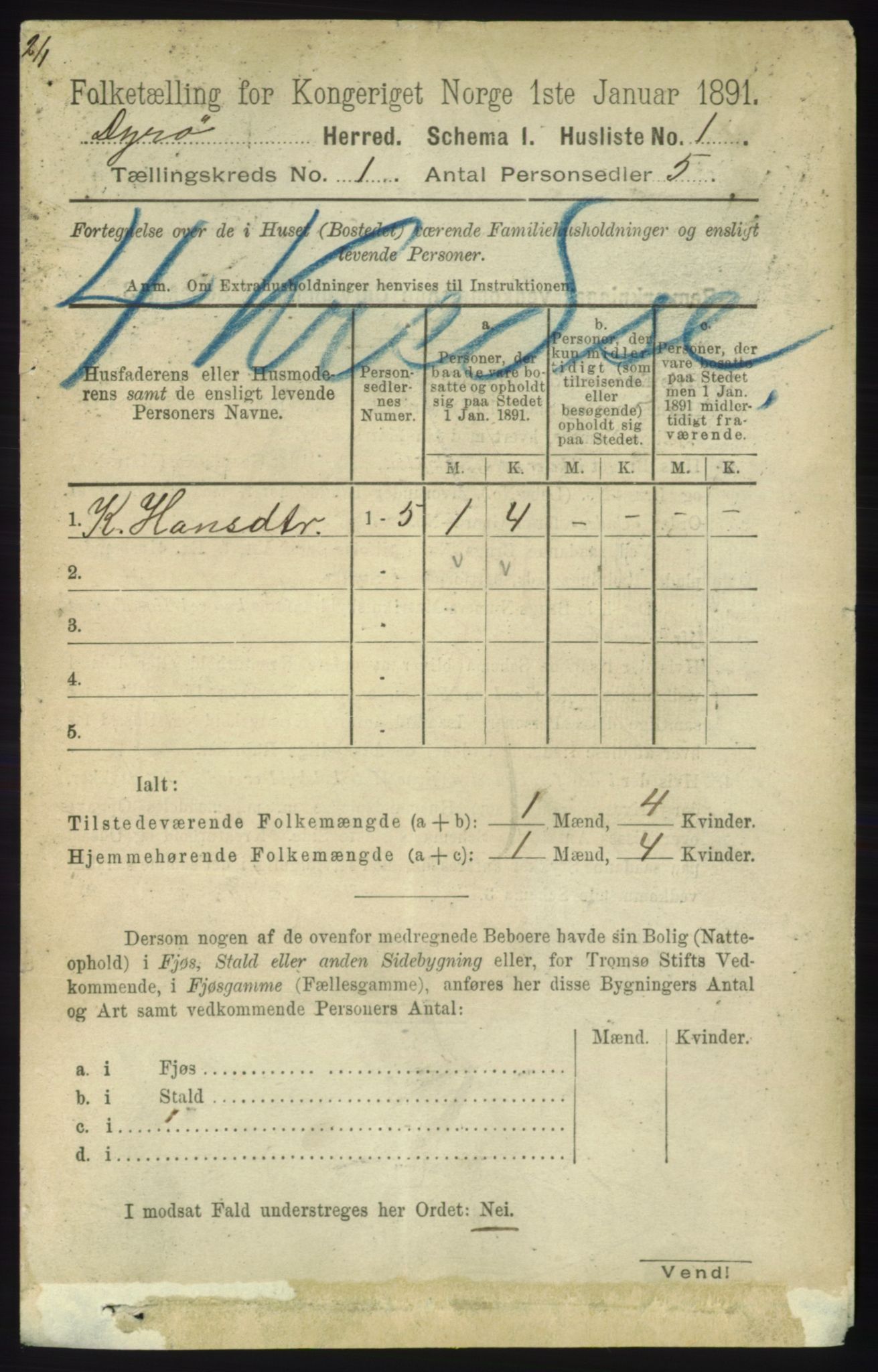 RA, 1891 census for 1926 Dyrøy, 1891, p. 16