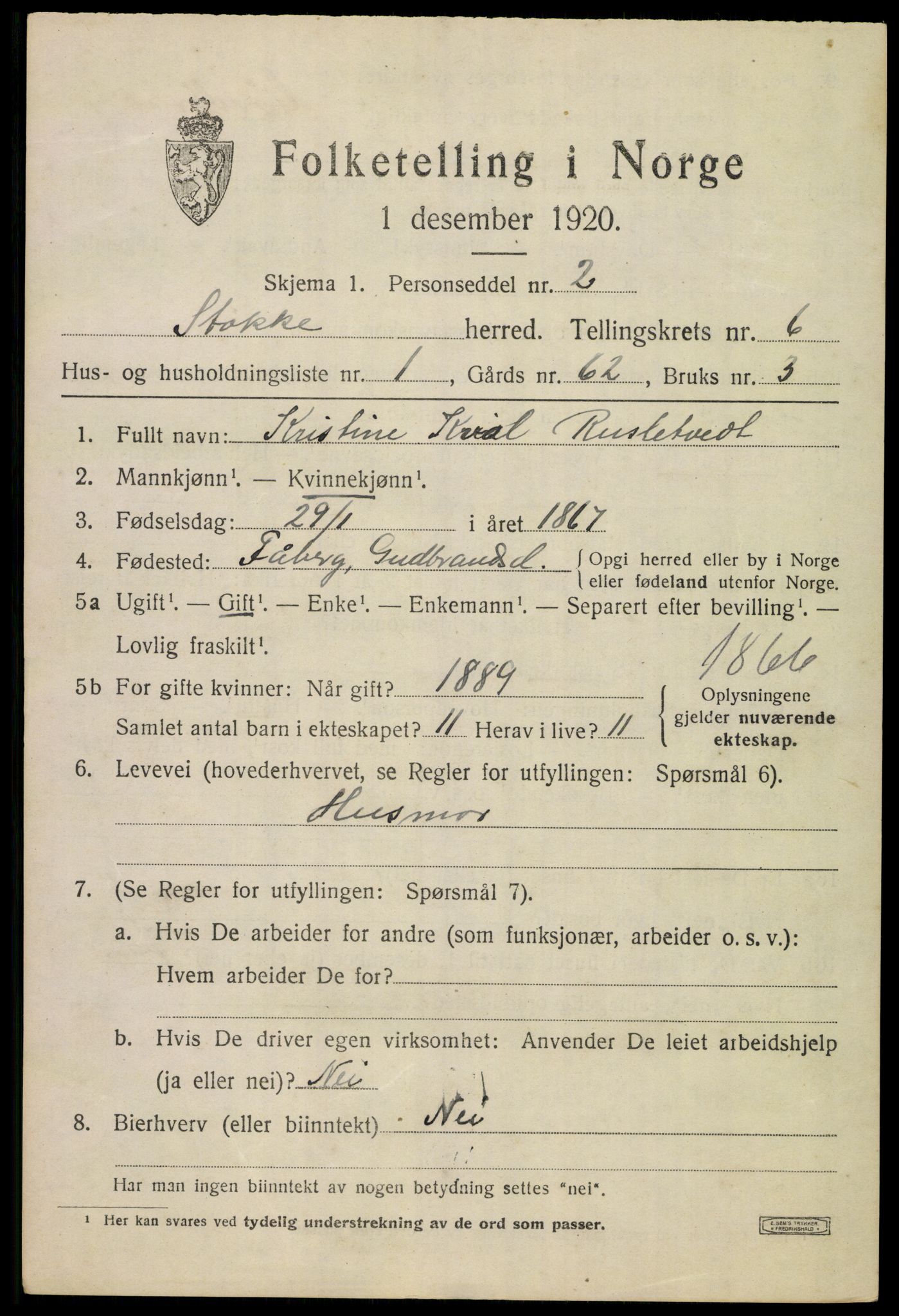 SAKO, 1920 census for Stokke, 1920, p. 7238