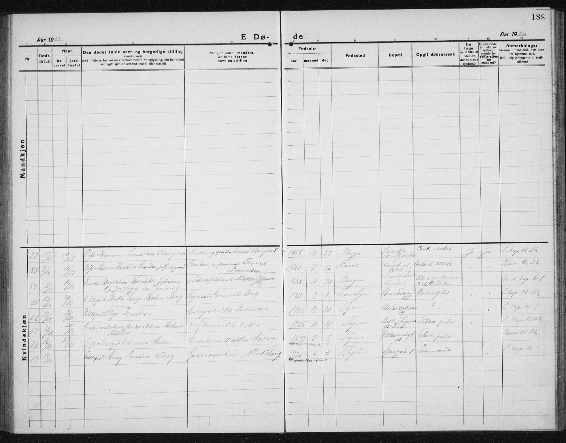 Ministerialprotokoller, klokkerbøker og fødselsregistre - Sør-Trøndelag, SAT/A-1456/605/L0260: Parish register (copy) no. 605C07, 1922-1942, p. 188