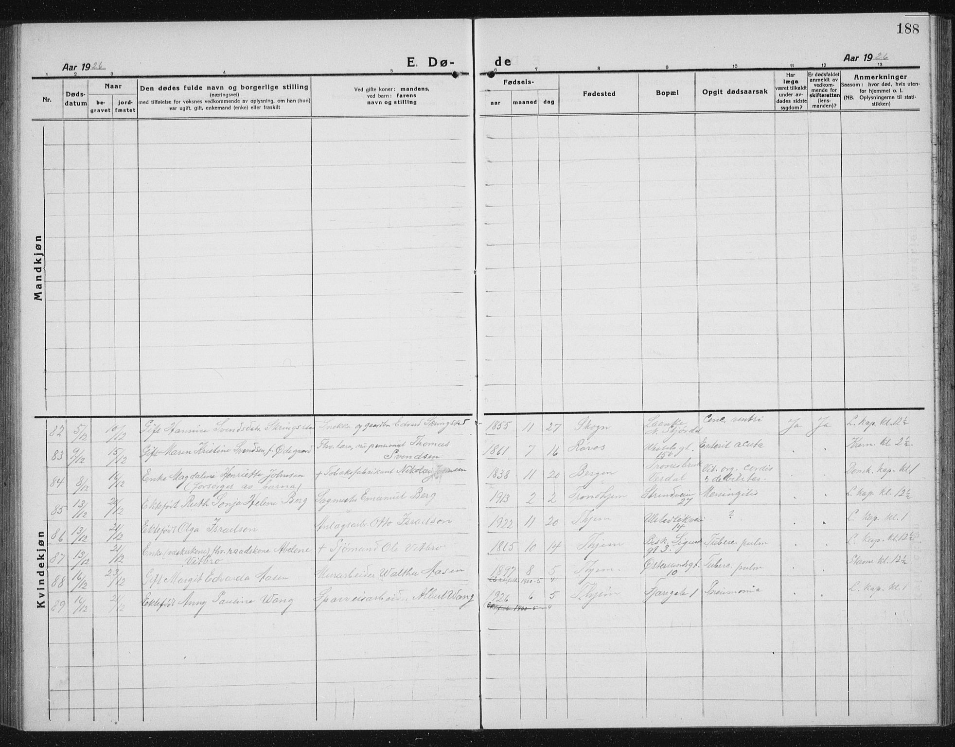 Ministerialprotokoller, klokkerbøker og fødselsregistre - Sør-Trøndelag, AV/SAT-A-1456/605/L0260: Parish register (copy) no. 605C07, 1922-1942, p. 188