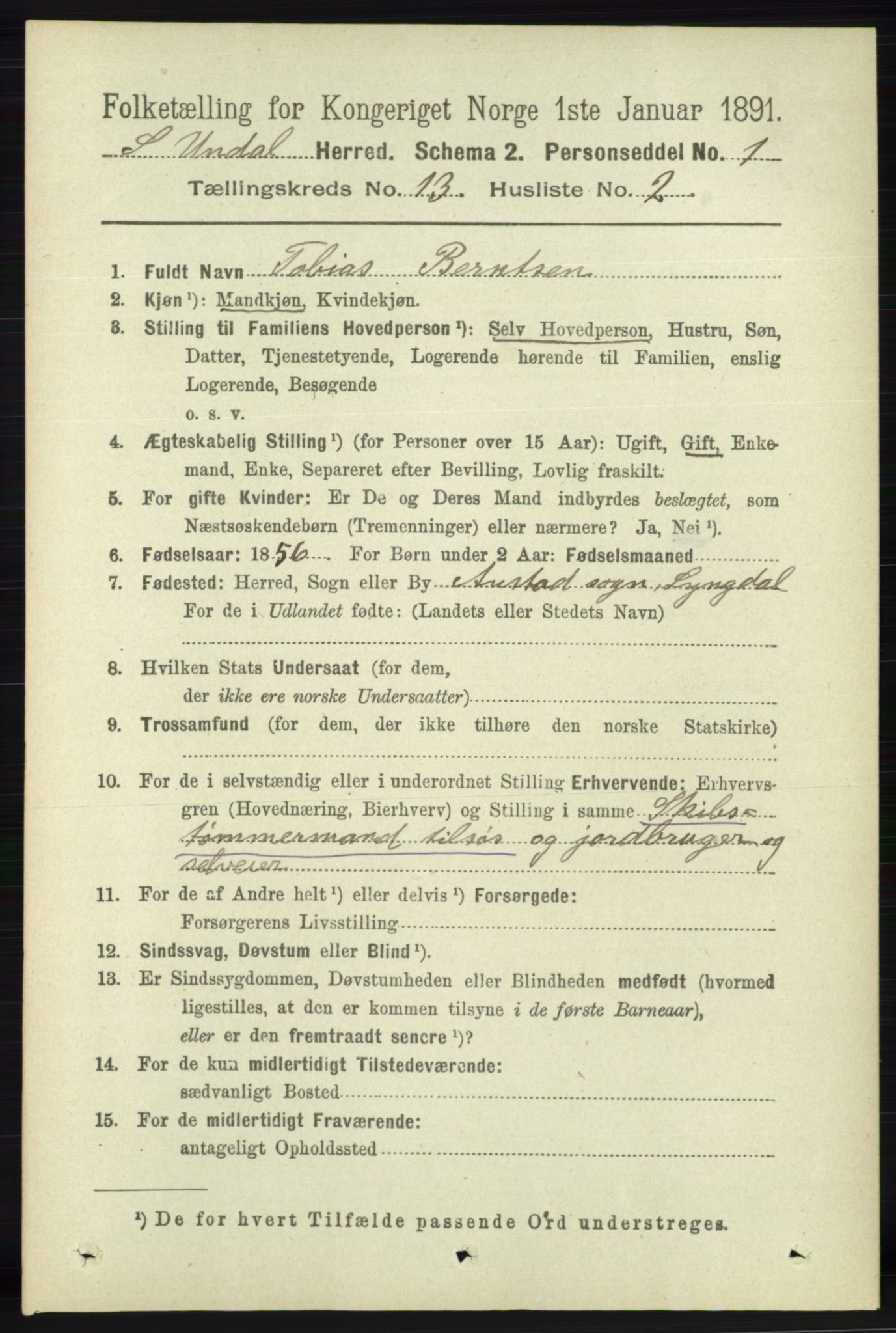 RA, 1891 census for 1029 Sør-Audnedal, 1891, p. 5796