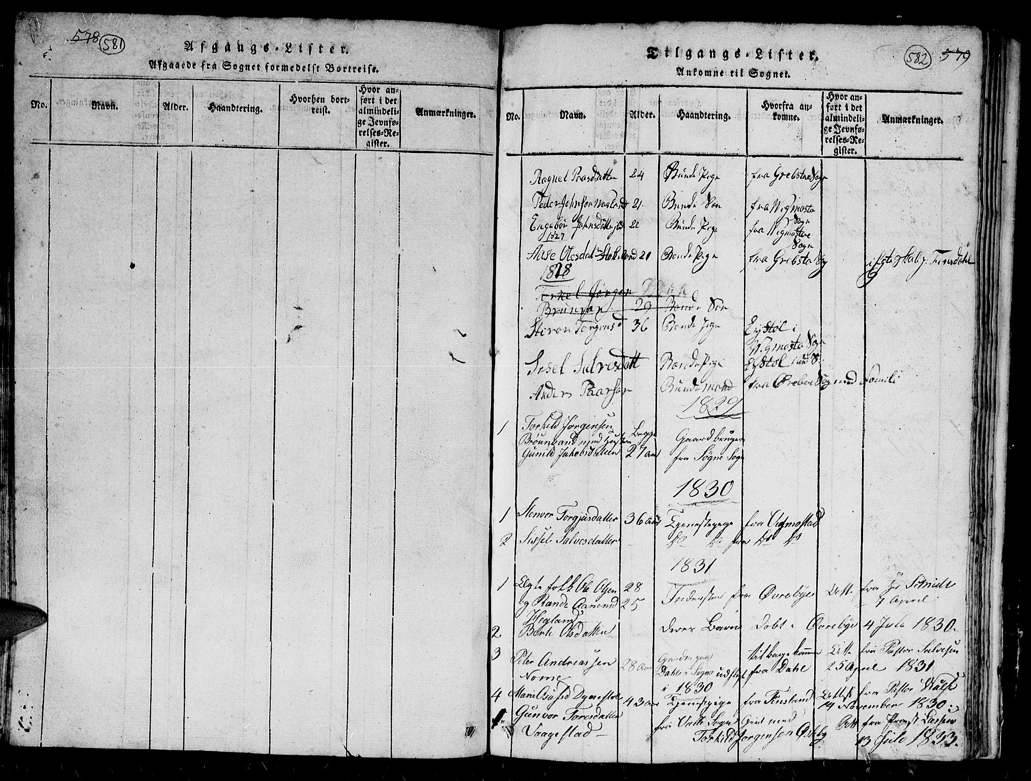 Holum sokneprestkontor, SAK/1111-0022/F/Fb/Fbc/L0001: Parish register (copy) no. B 1, 1820-1859, p. 581-582