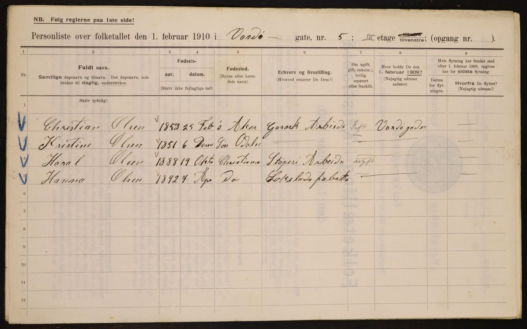 OBA, Municipal Census 1910 for Kristiania, 1910, p. 115536