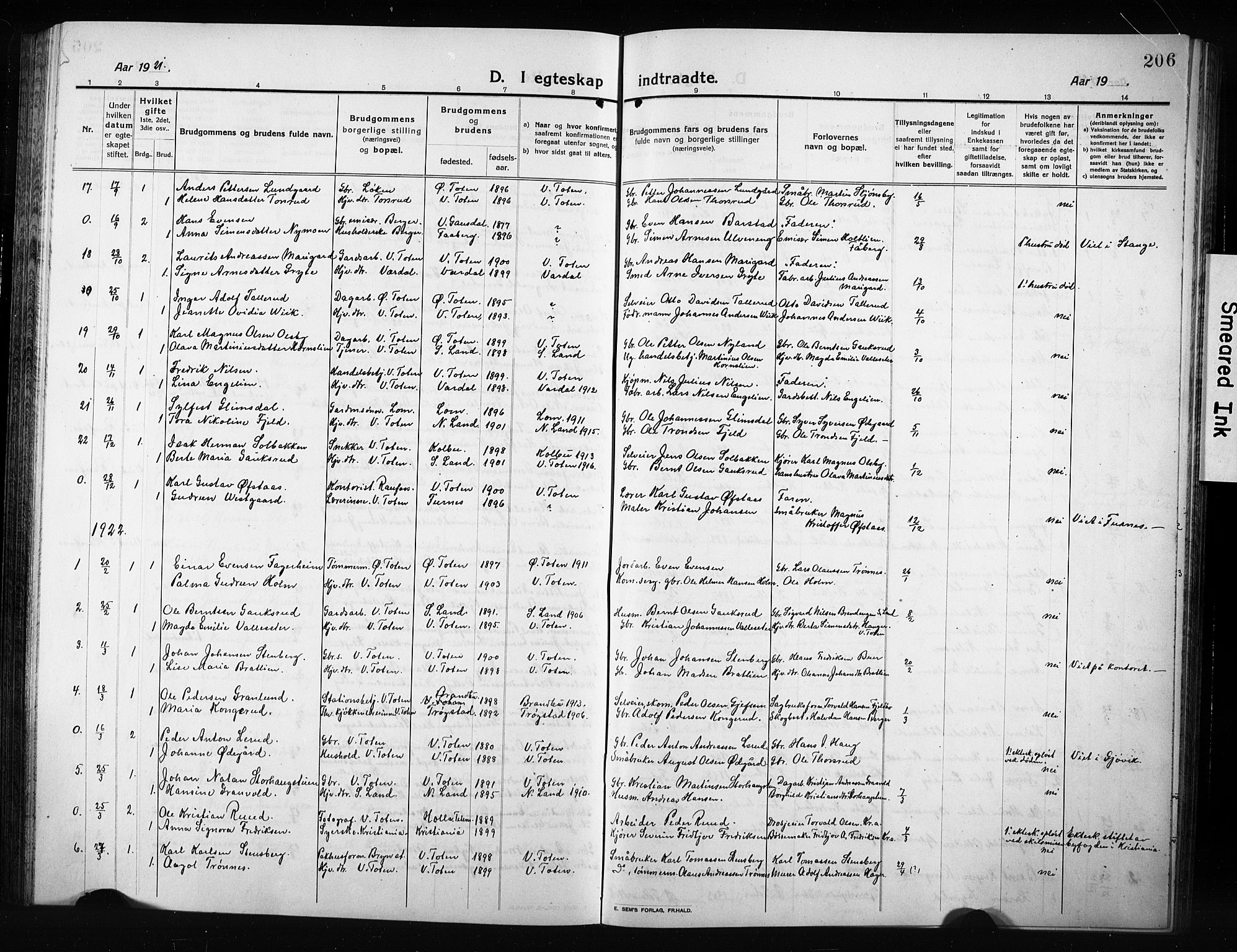 Vestre Toten prestekontor, SAH/PREST-108/H/Ha/Hab/L0012: Parish register (copy) no. 12, 1909-1928, p. 206