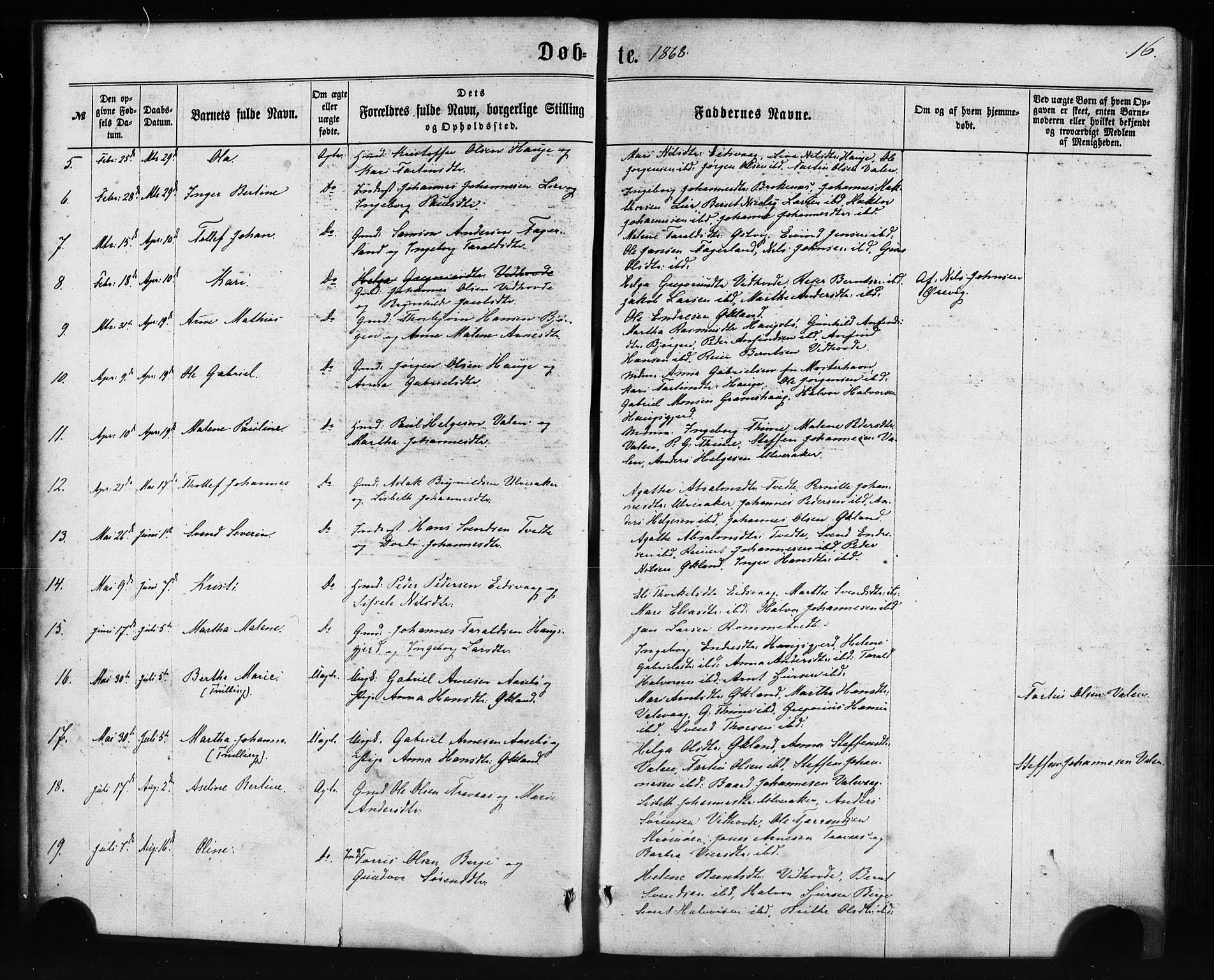 Sveio Sokneprestembete, AV/SAB-A-78501/H/Haa: Parish register (official) no. C 1, 1862-1880, p. 16
