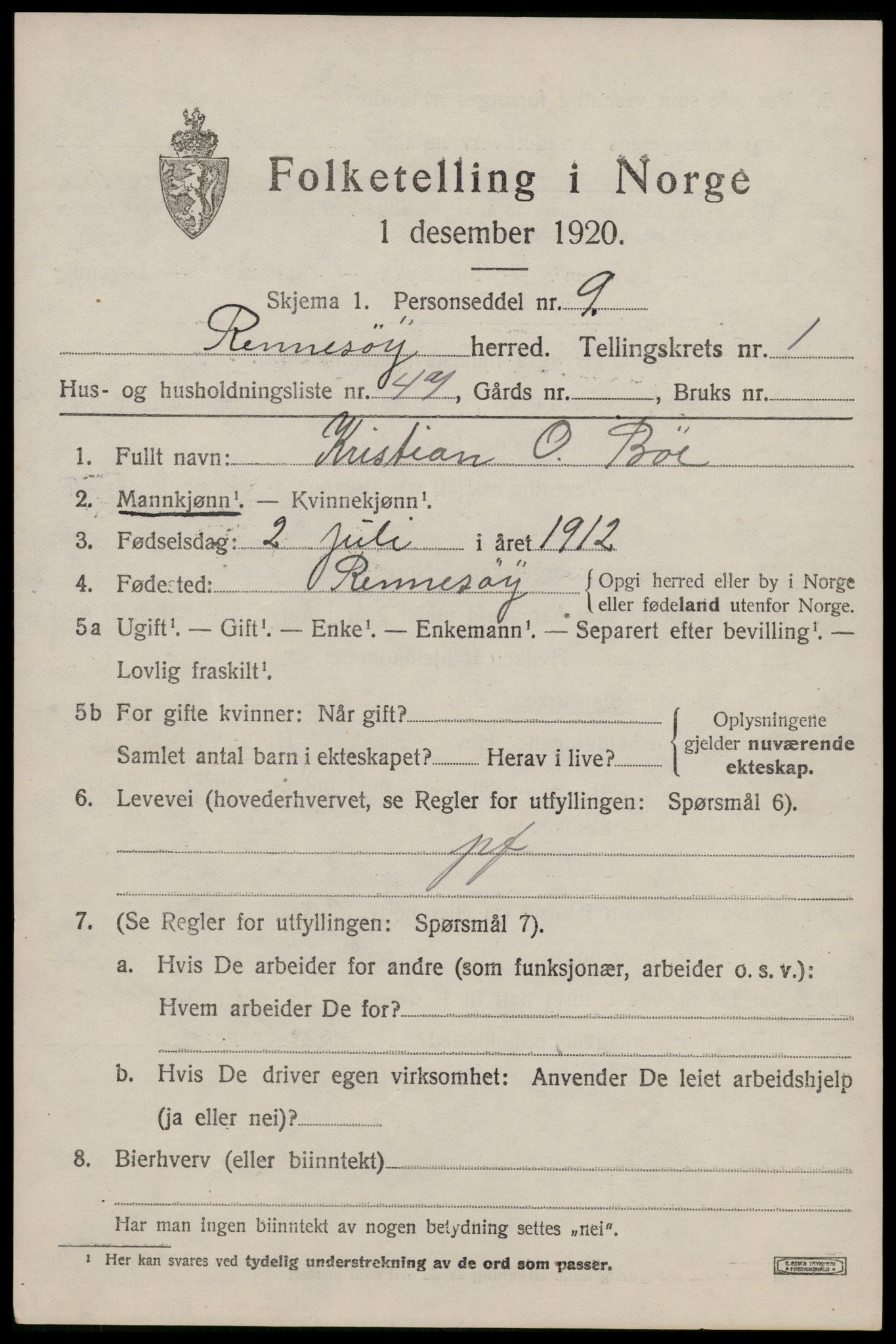 SAST, 1920 census for Rennesøy, 1920, p. 1010