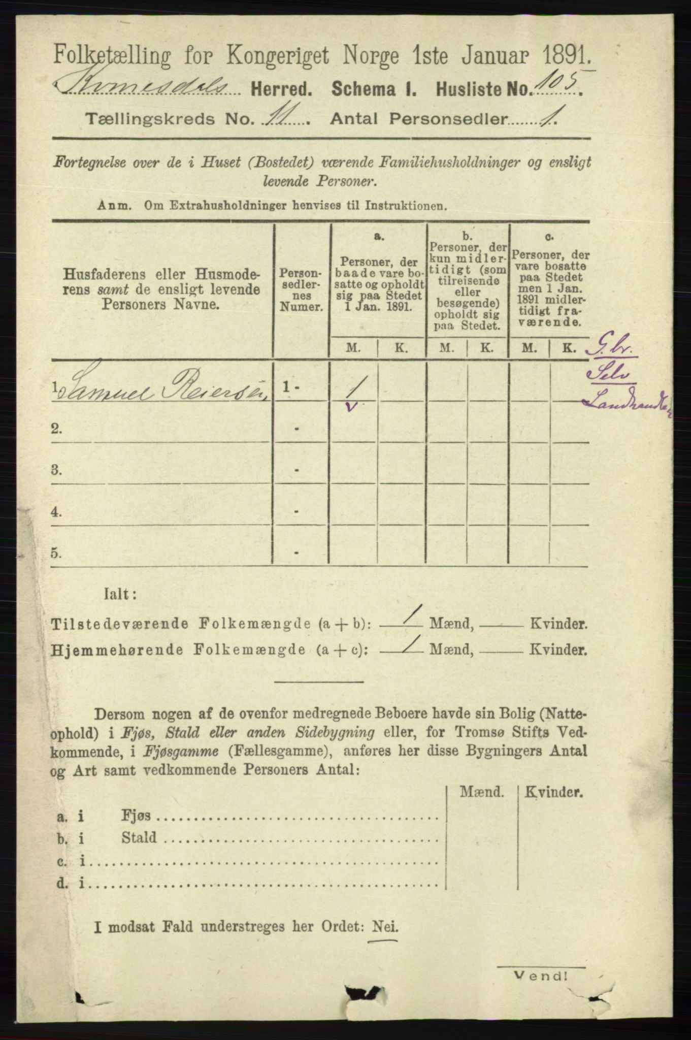 RA, 1891 census for 1037 Kvinesdal, 1891, p. 4500