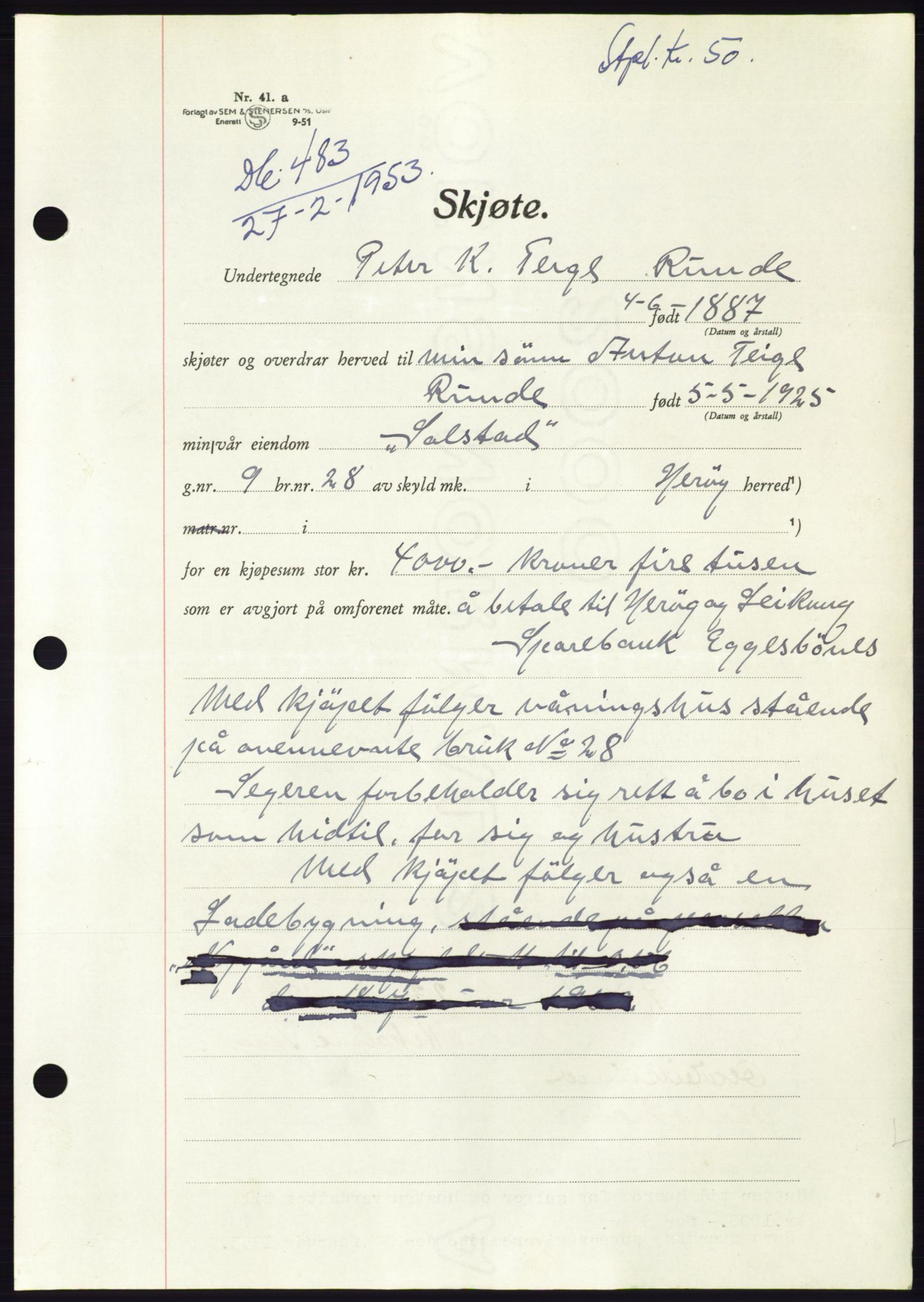 Søre Sunnmøre sorenskriveri, AV/SAT-A-4122/1/2/2C/L0094: Mortgage book no. 20A, 1953-1953, Diary no: : 483/1953