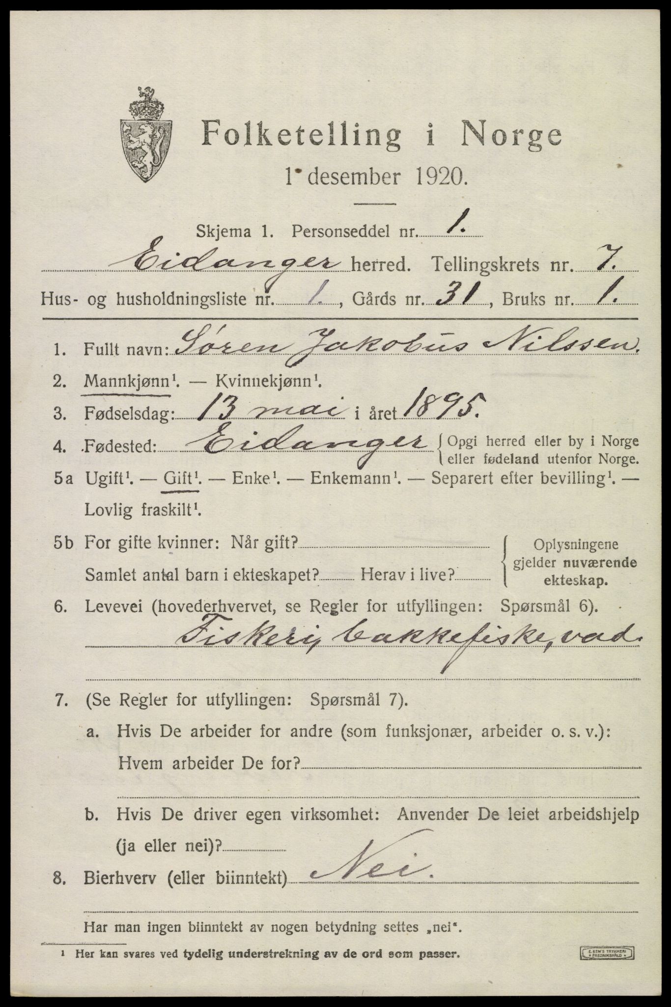 SAKO, 1920 census for Eidanger, 1920, p. 5266