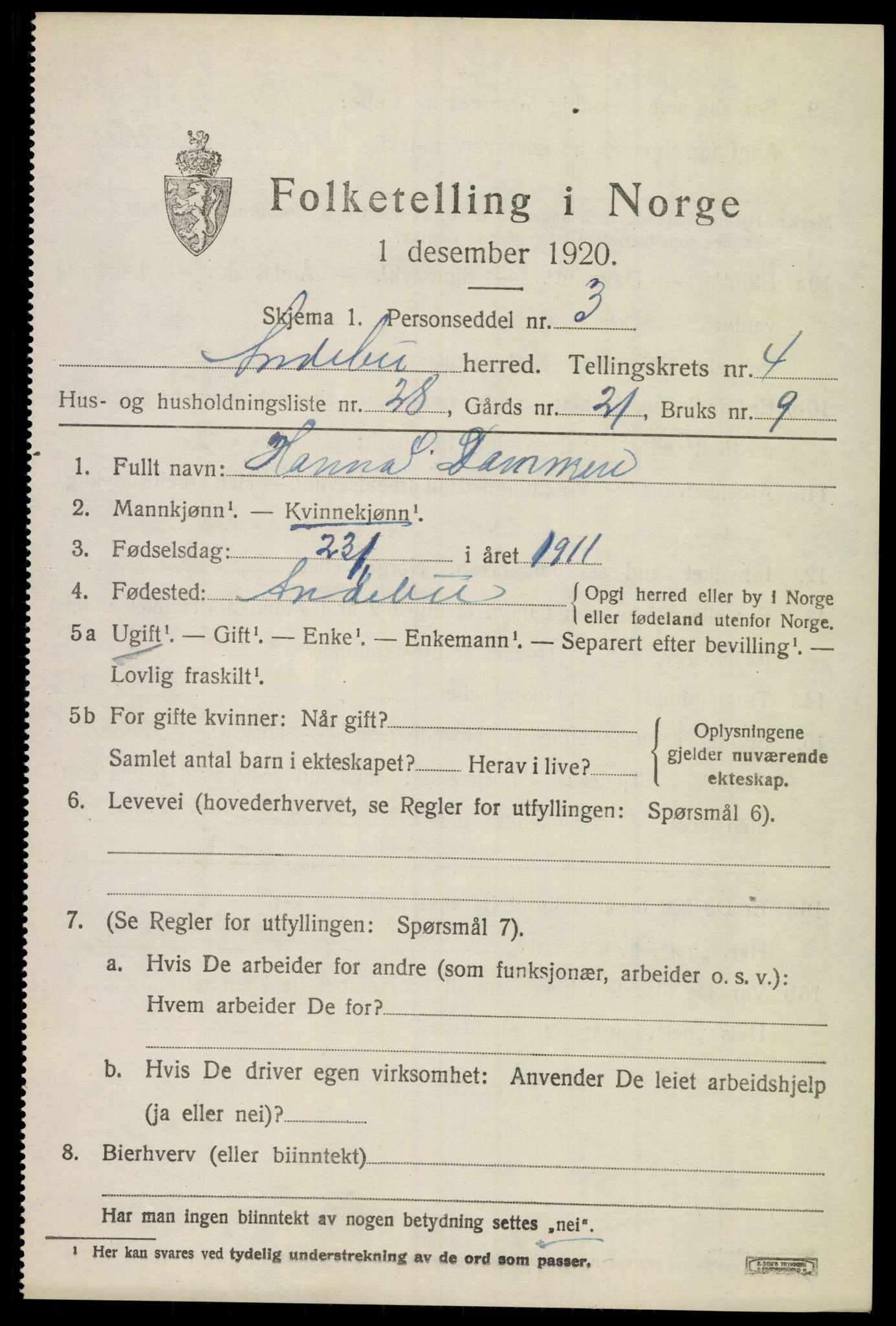 SAKO, 1920 census for Andebu, 1920, p. 2632