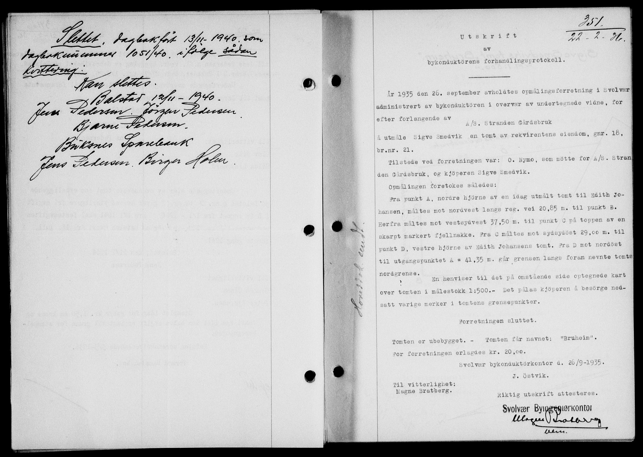 Lofoten sorenskriveri, SAT/A-0017/1/2/2C/L0033b: Mortgage book no. 33b, 1936-1936, Diary no: : 351/1936