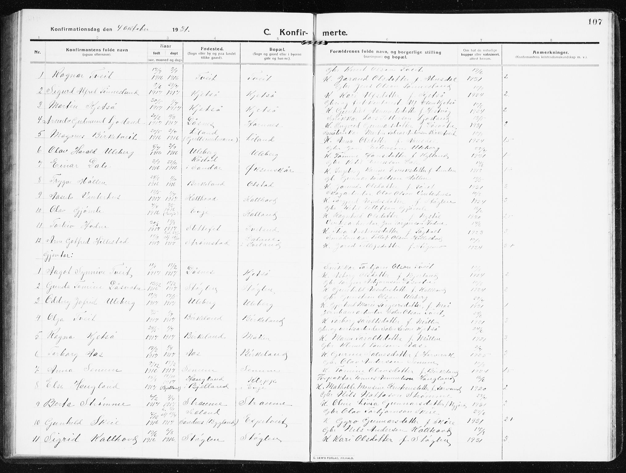 Evje sokneprestkontor, AV/SAK-1111-0008/F/Fb/Fbb/L0003: Parish register (copy) no. B 3, 1910-1933, p. 107