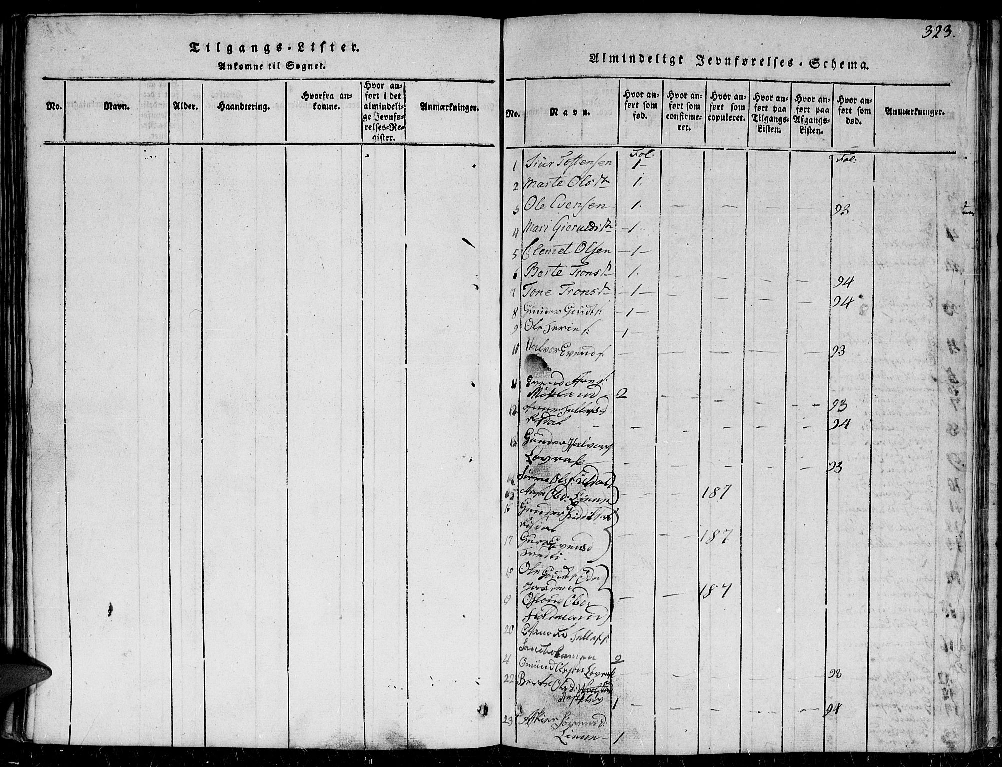 Herefoss sokneprestkontor, SAK/1111-0019/F/Fb/Fbc/L0001: Parish register (copy) no. B 1, 1816-1866, p. 323
