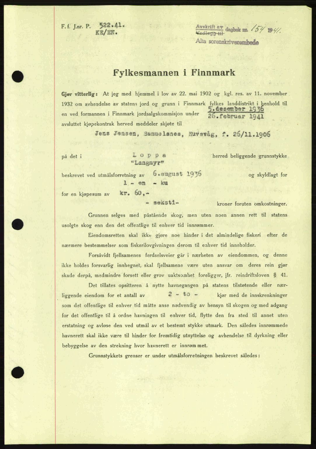 Alta fogderi/sorenskriveri, SATØ/SATØ-5/1/K/Kd/L0033pantebok: Mortgage book no. 33, 1940-1943, Diary no: : 154/1941