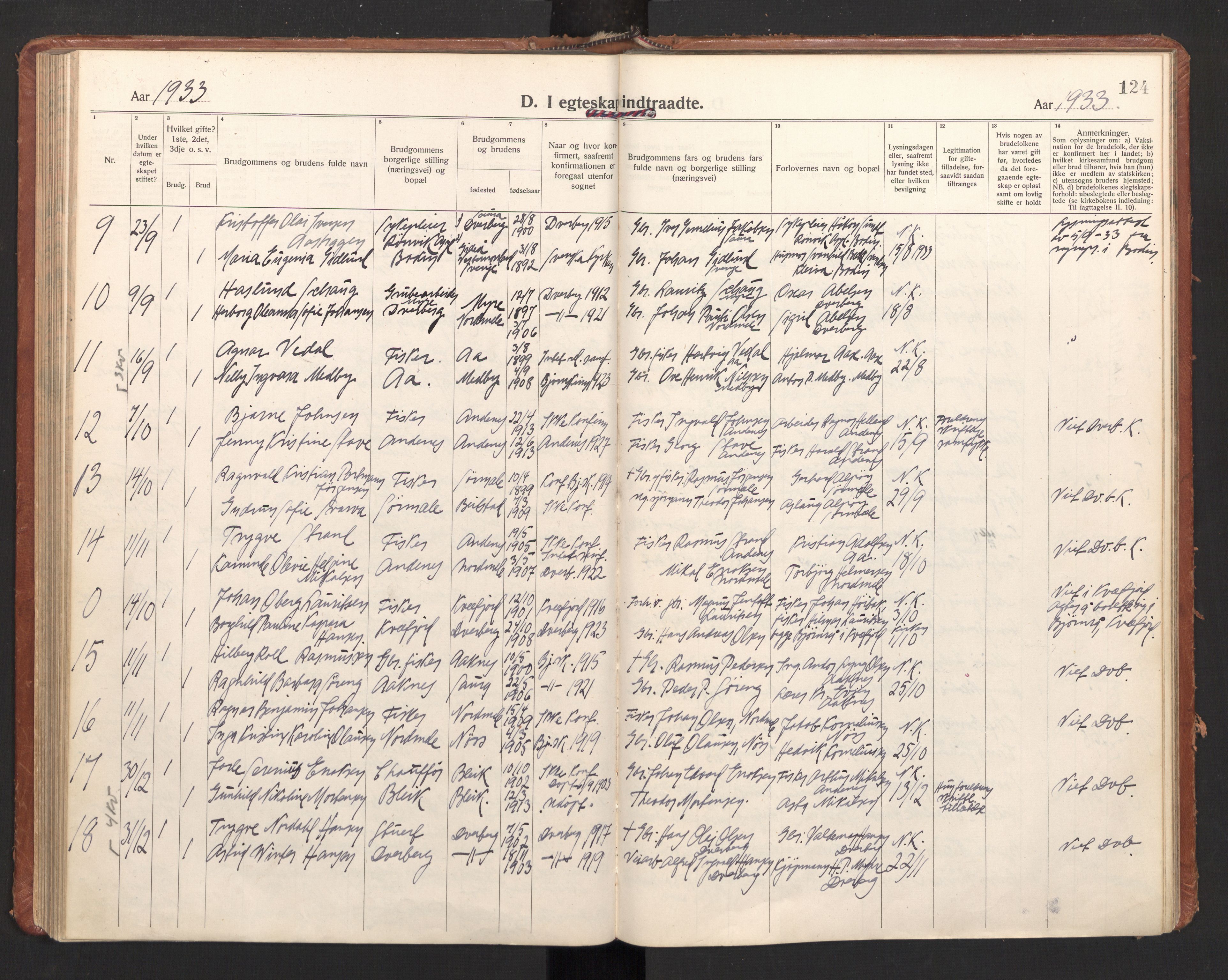 Ministerialprotokoller, klokkerbøker og fødselsregistre - Nordland, AV/SAT-A-1459/897/L1408: Parish register (official) no. 897A15, 1922-1938, p. 124