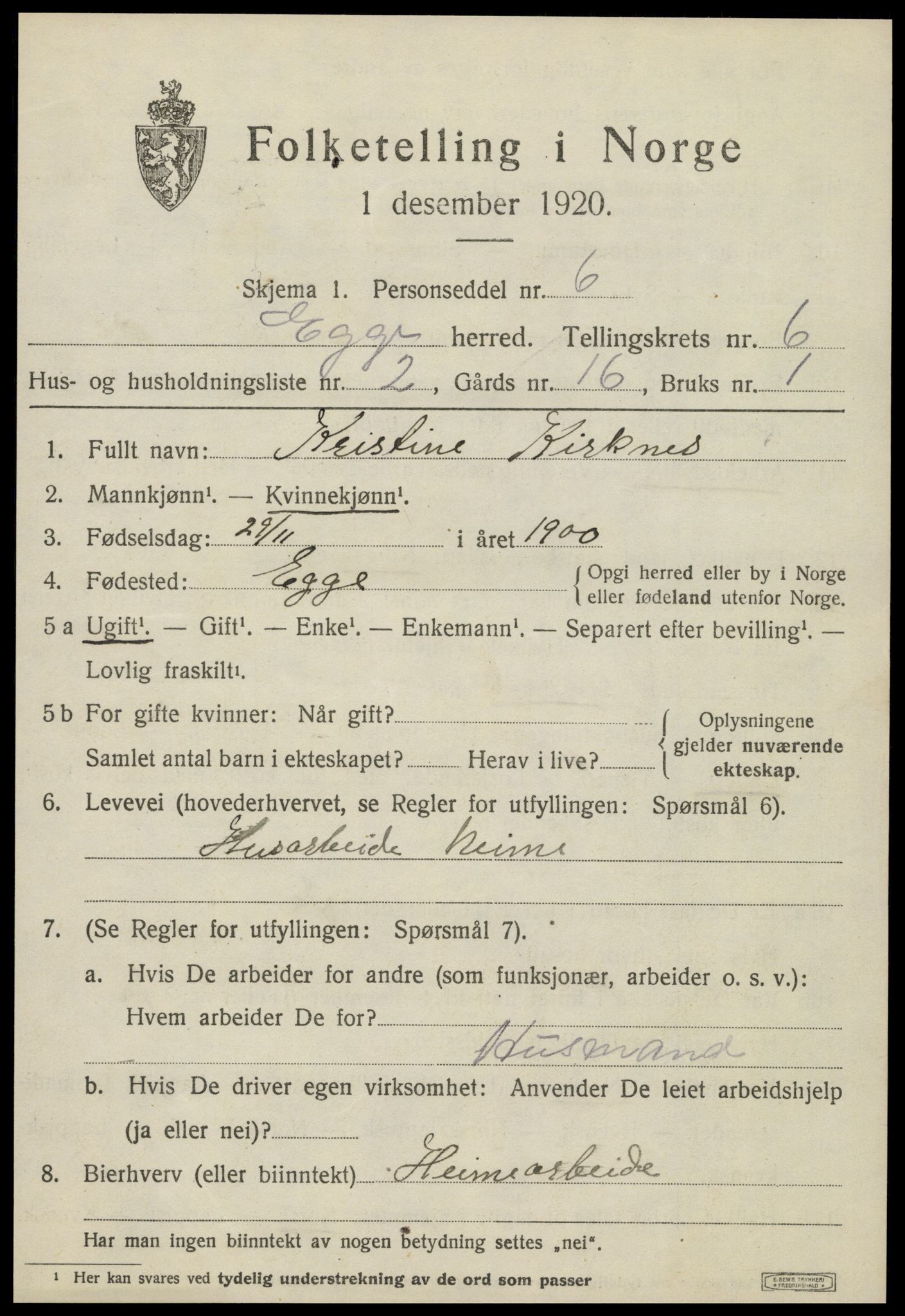 SAT, 1920 census for Egge, 1920, p. 3854