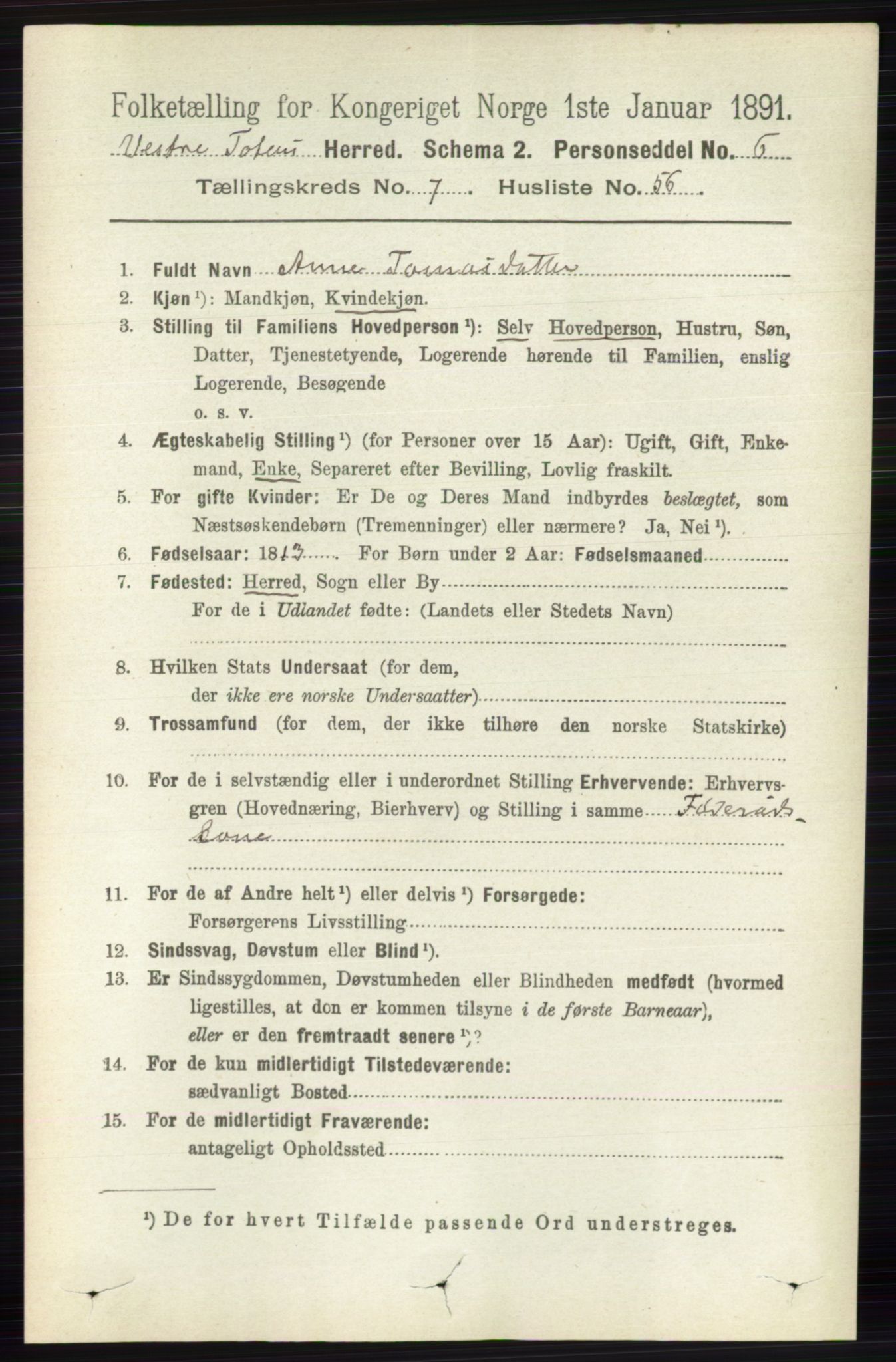 RA, 1891 census for 0529 Vestre Toten, 1891, p. 4676